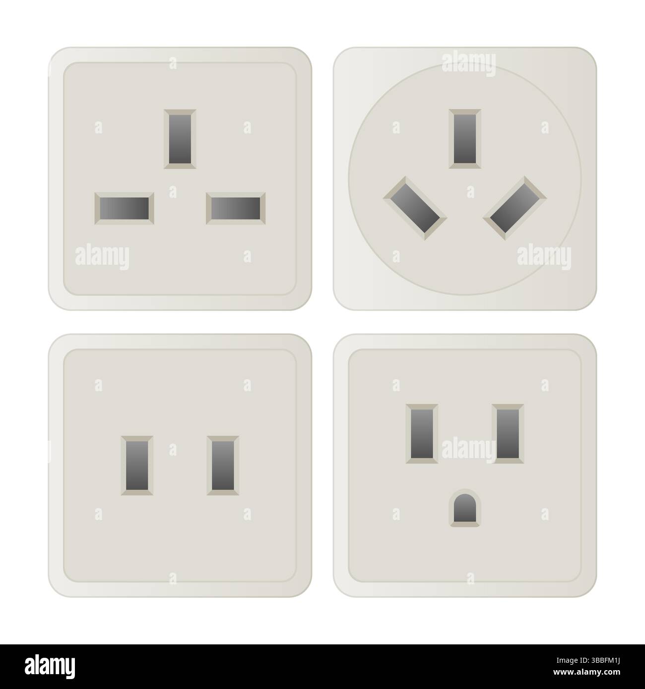 Prese elettriche di alimentazione con vettoriali di vari tipi. Energia elettrica. Interno della presa a muro. Illustrazione Vettoriale