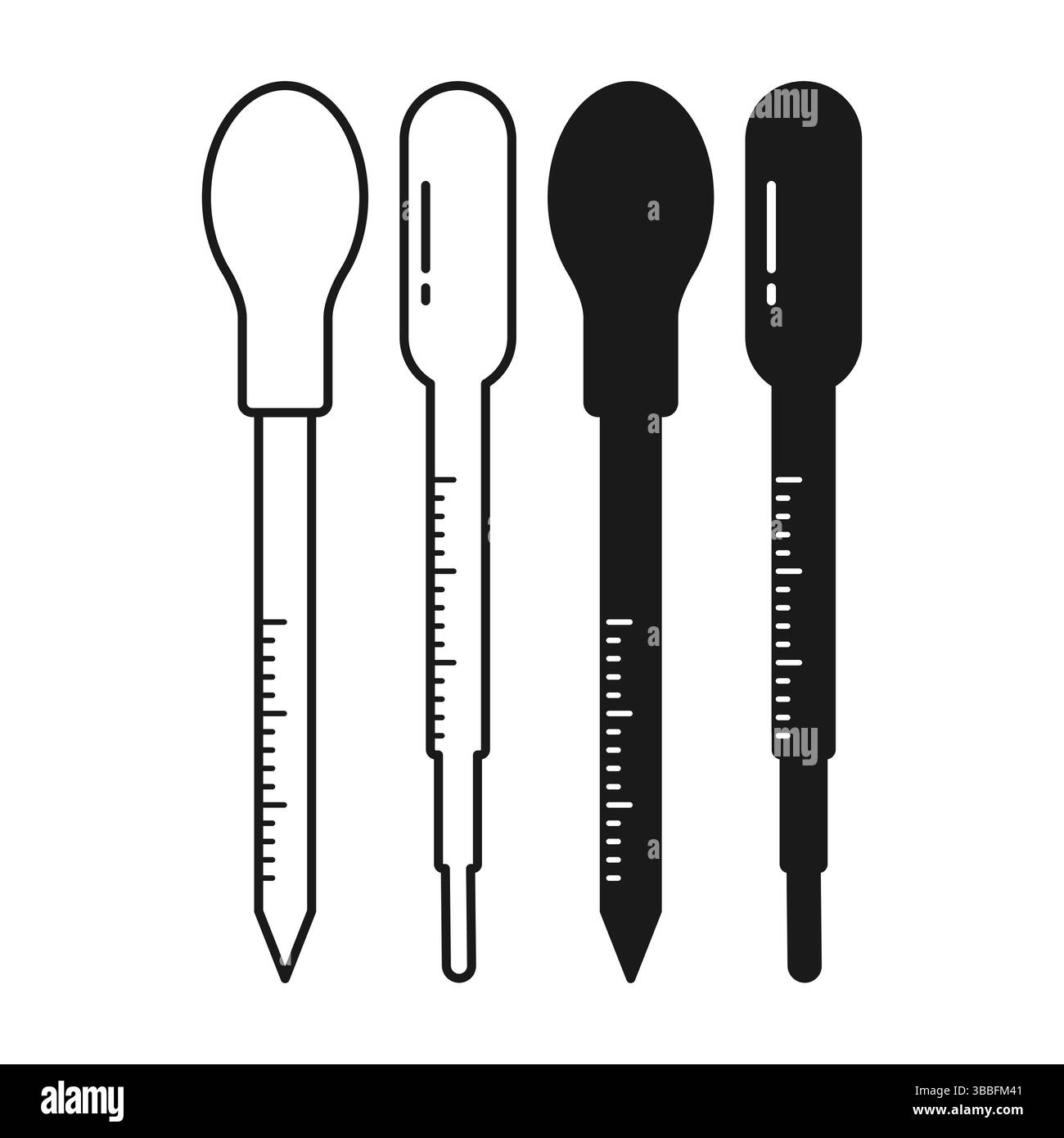 Pipetta per test medici nera piatta e stile contorno. Linea di pipette semplice Art Icona pipetta. Illustrazione Vettoriale