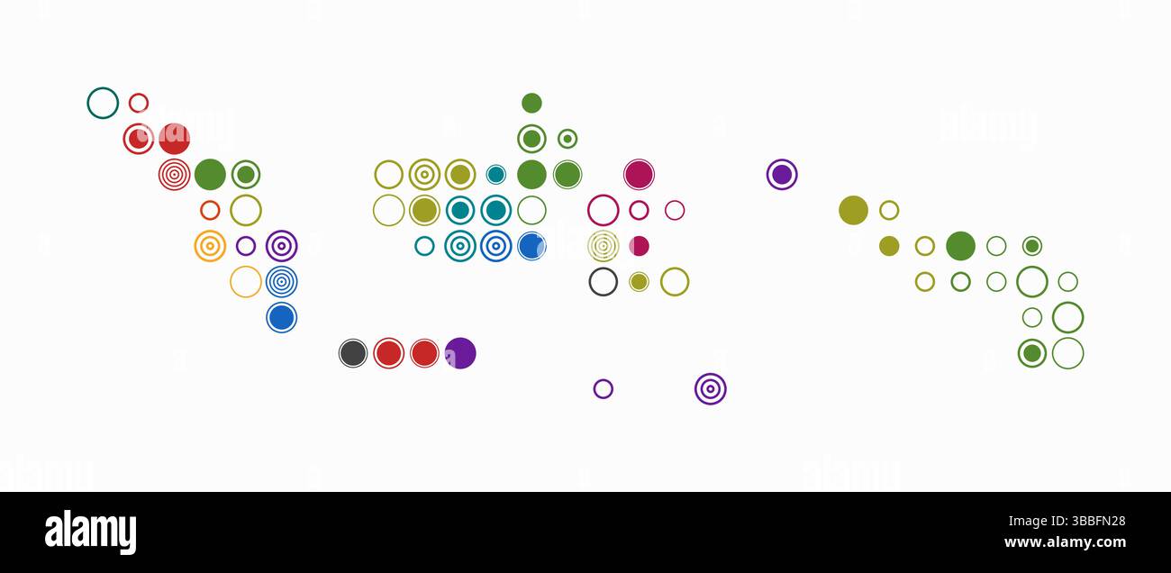 Indonesia, forma del paese costruzione di cellule colorate. Mappa in stile digitale dell'Indonesia su sfondo bianco. Blocchi circolari di grandi dimensioni. Illustrazione Vettoriale