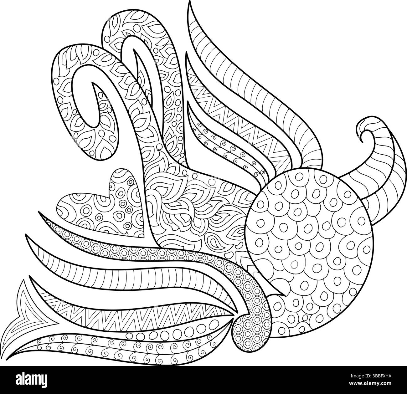 Illustrazione in bianco e nero di un uccello astratto e stilizzato con intricati motivi decorativi ed elementi tribali. Ideale per colorina per adulti Illustrazione Vettoriale