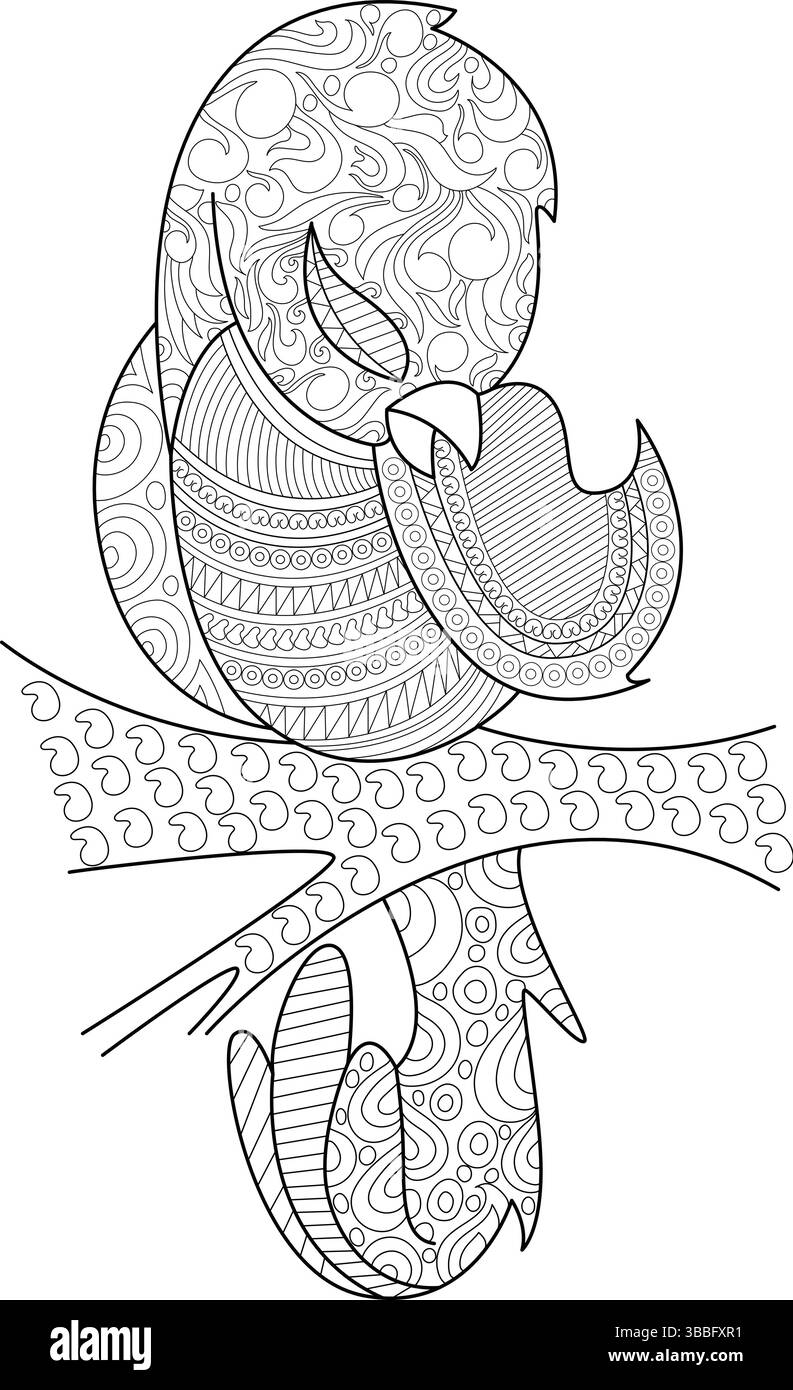 Illustrazione dettagliata in bianco e nero di un uccello appollaiato su un ramo, pieno di intricati motivi astratti e disegni. Perfetto per la colorina Illustrazione Vettoriale