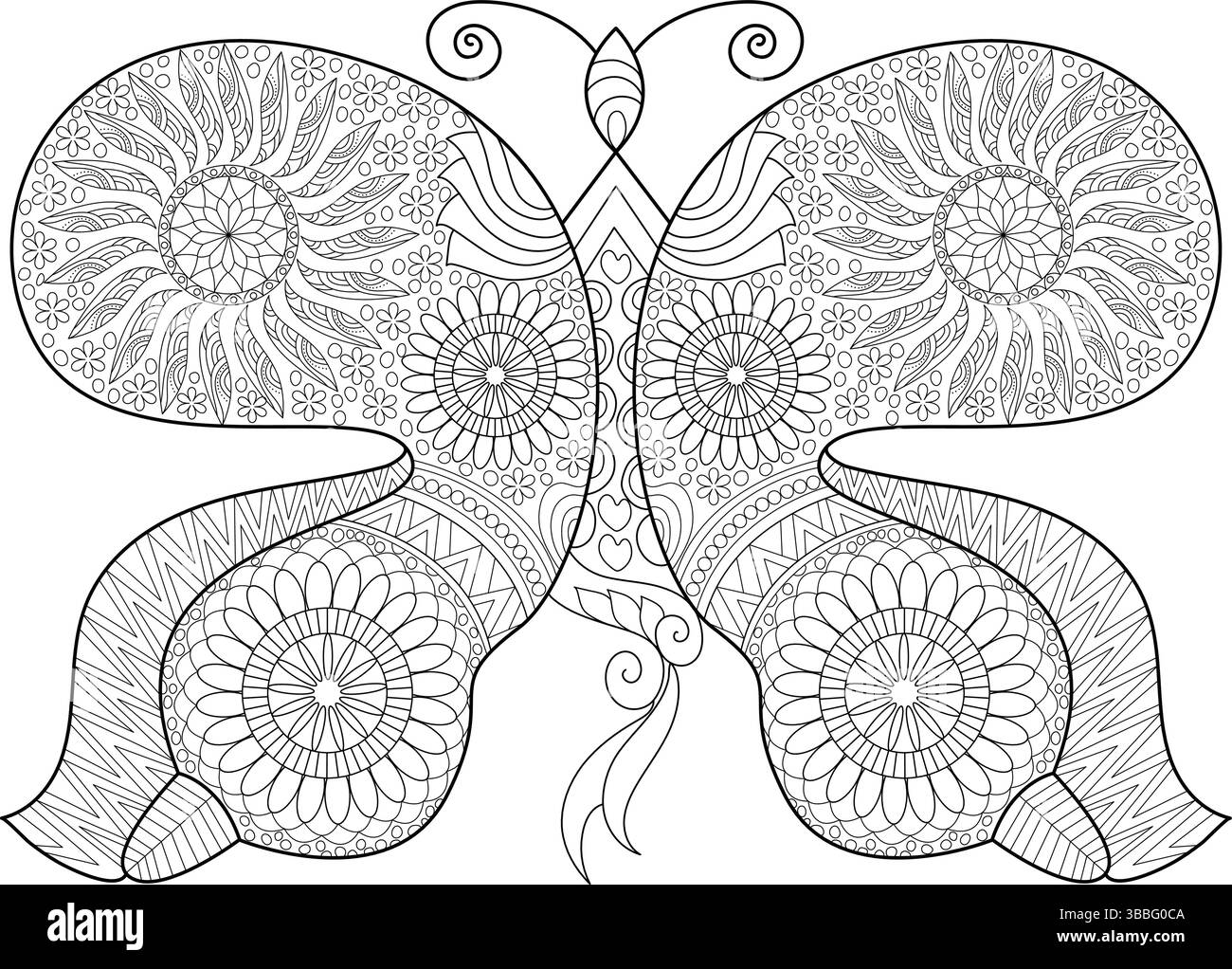 Illustrazione dettagliata di una farfalla con intricato mandala e motivi floreali sulle ali e sul corpo, isolata su sfondo bianco. Perfec Illustrazione Vettoriale