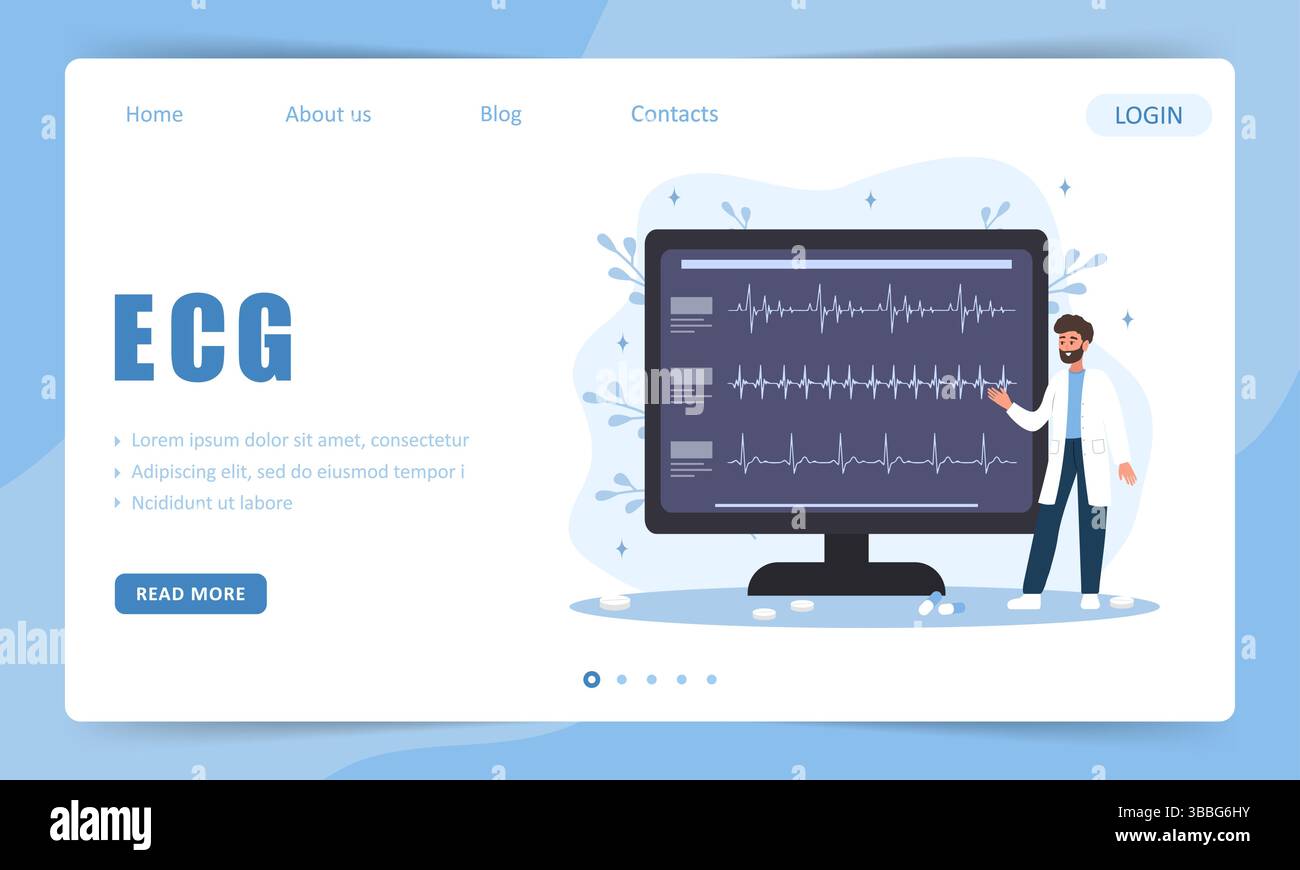 Informazioni sull'ECG. Modello di landing page. Diagnosi e trattamento medico del cuore. Medico maschile. Illustrazione vettoriale in stile cartone animato piatto Illustrazione Vettoriale