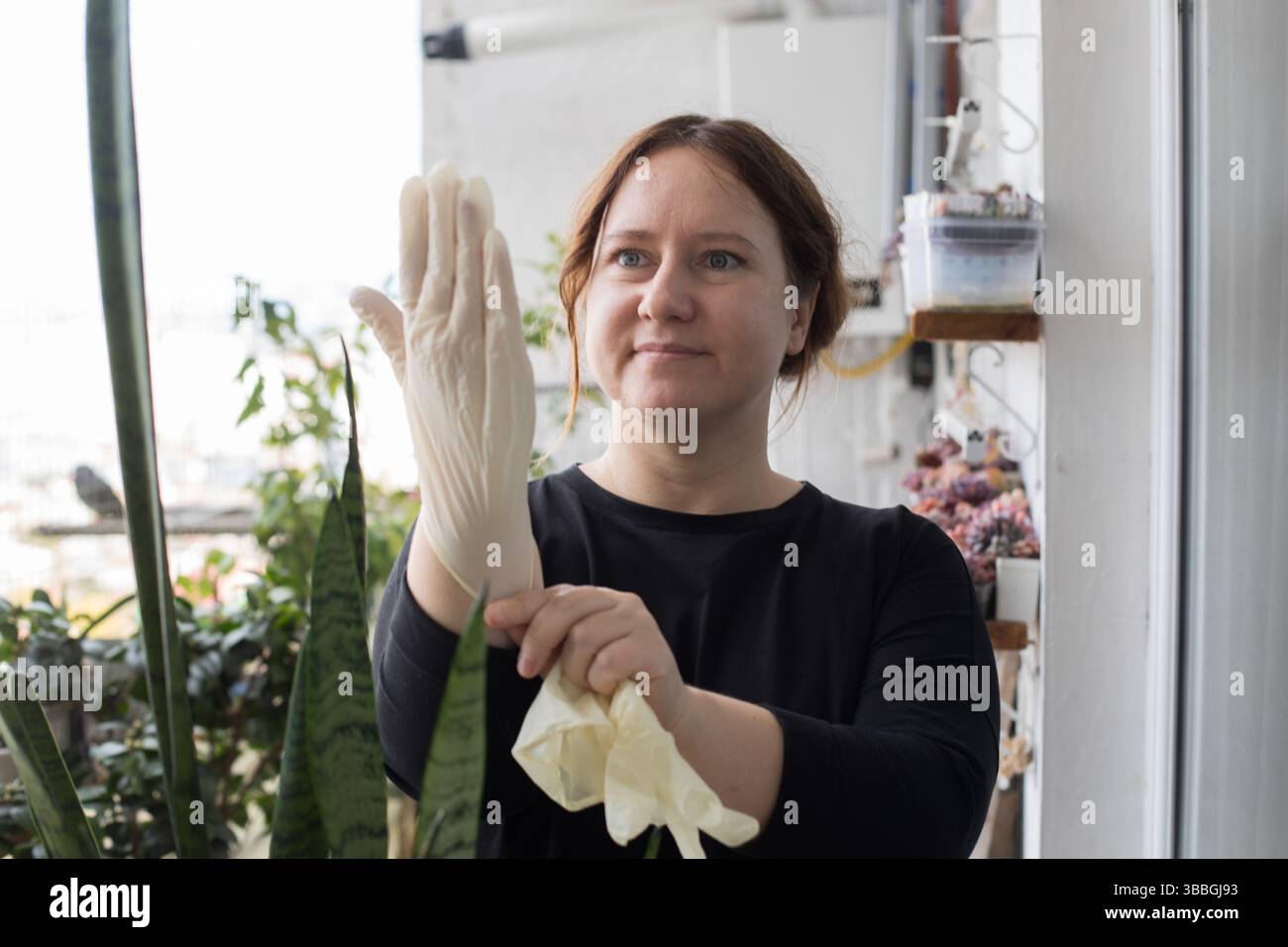 Donna adulta felice che indossa un glover in nitrile pronto per la giardinaggio. Concetto di giardinaggio, relax e piantagione Foto Stock