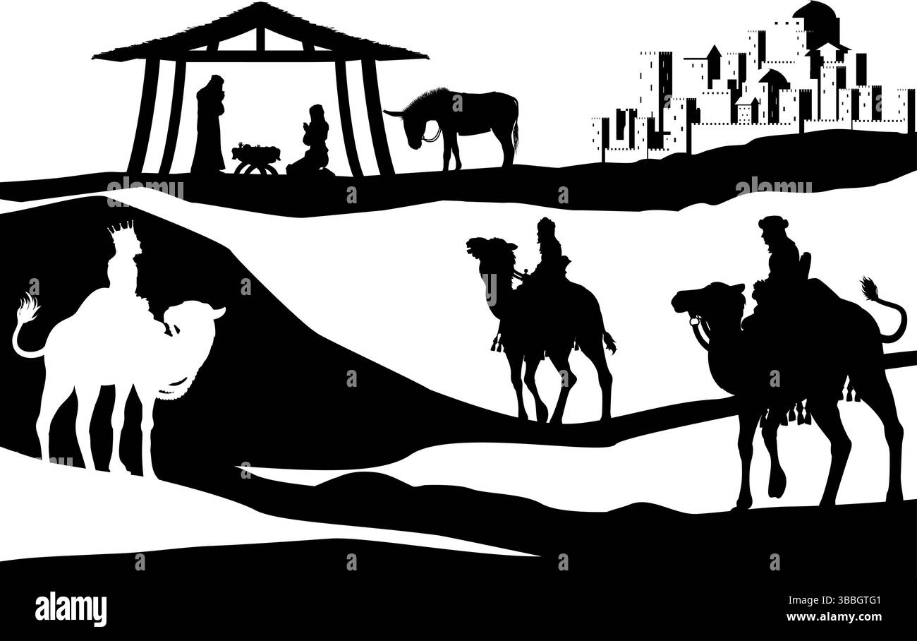 Presepe natalizio Bethlehem Manger Wise Men Illustrazione Vettoriale