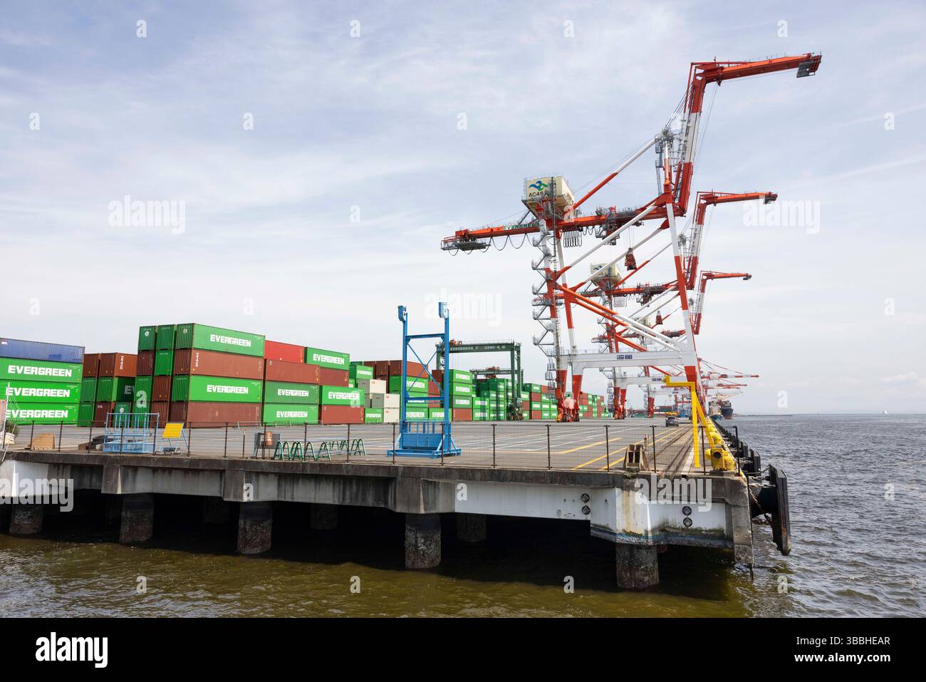 I carichi dei container attraccano nella baia di Tokyo. Il Giappone è fortemente dipendente dalle esportazioni (ad esempio, automobili, elettronica), affronta i rischi derivanti dalle tariffe statunitensi, in particolare sulle automobili (una tariffa proposta del 25% durante il primo mandato di Trump è stata rinviata, ma rimane una preoccupazione). Tariffe più elevate potrebbero ridurre l'accesso al mercato statunitense del Giappone, aumentare i prezzi al consumo e danneggiare la crescita del PIL. Tuttavia, l'allineamento strategico del Giappone con gli Stati Uniti e le esenzioni da alcune tariffe (tariffe dell'acciaio nel 2018) offrono un parziale sollievo. Il Giappone ha anche imperniato per diversificare il commercio attraverso accordi come il CPTPP e il RCEP, riducendo la dipendenza dal mar degli Stati Uniti Foto Stock