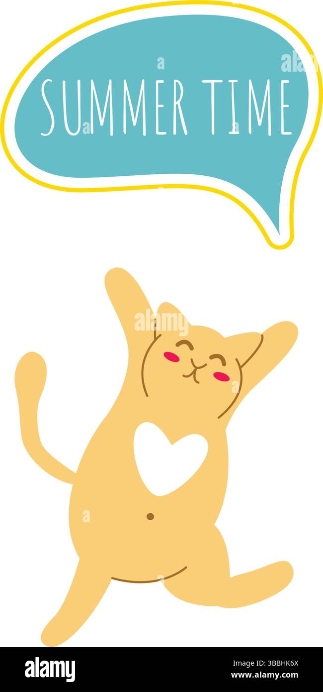 Soffice gatto di zenzero dice che è ora di estate. Animali domestici positivi e scritte a mano. Buongiorno illustrazione estiva, stile piatto. Grafica vettoriale Illustrazione Vettoriale