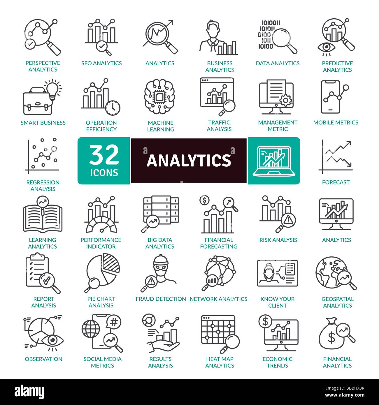 Raccolta di icone Data Analytics: 32 illustrazioni della linea di Business Intelligence Illustrazione Vettoriale