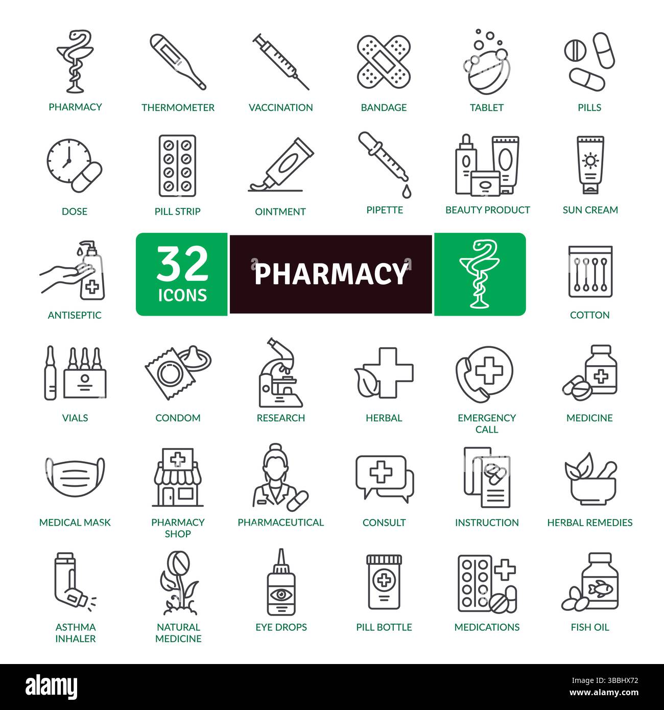 Collezione icona farmacia e assistenza sanitaria: 32 illustrazioni della linea medica Illustrazione Vettoriale