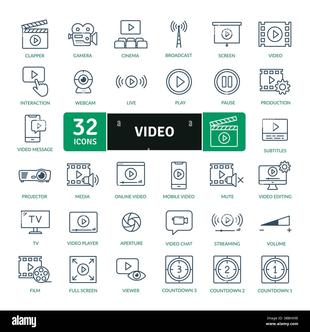 Icone distinte relative a video e contenuti multimediali: 32 illustrazioni Professional Line Illustrazione Vettoriale