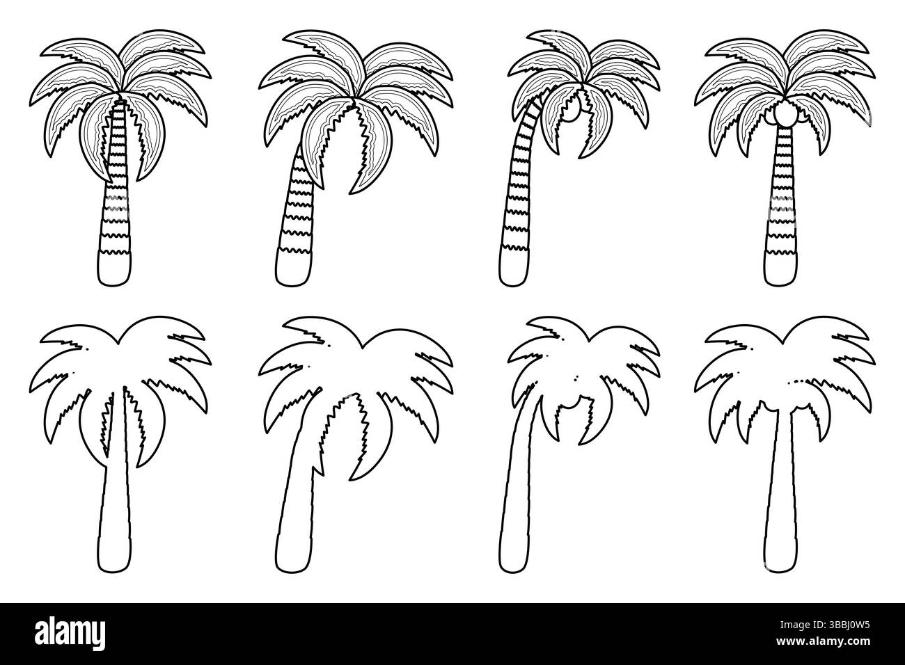 Pagina da colorare estiva delinea un insieme di palme con noci di cocco. Silhouette della collezione di palme da cocco. Ideale per divertirsi, d'estate, stagionali, BE Illustrazione Vettoriale
