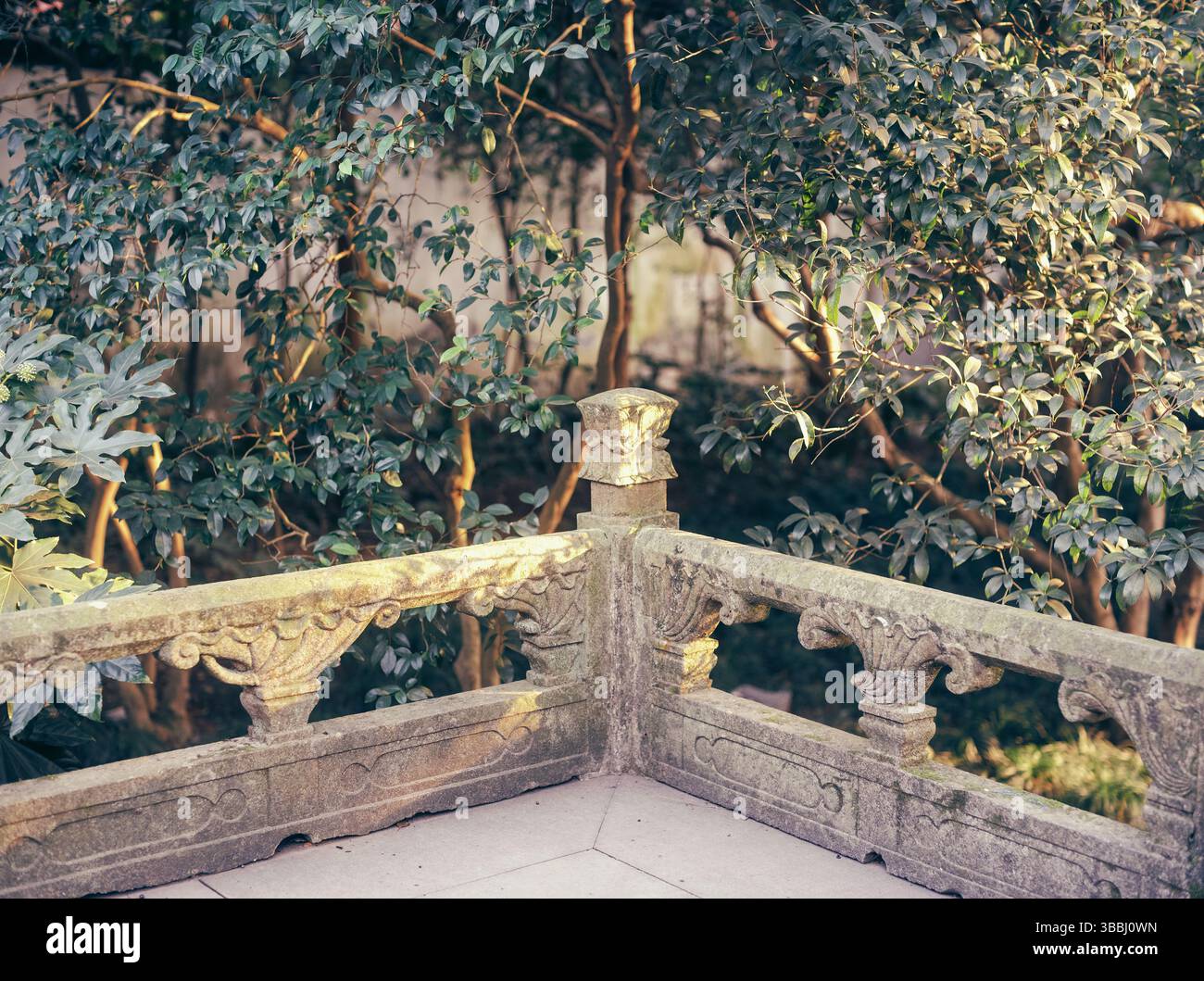 Balustrade in pietra ornata e illuminata dal sole con vegetazione in un parco di Hangzhou Foto Stock