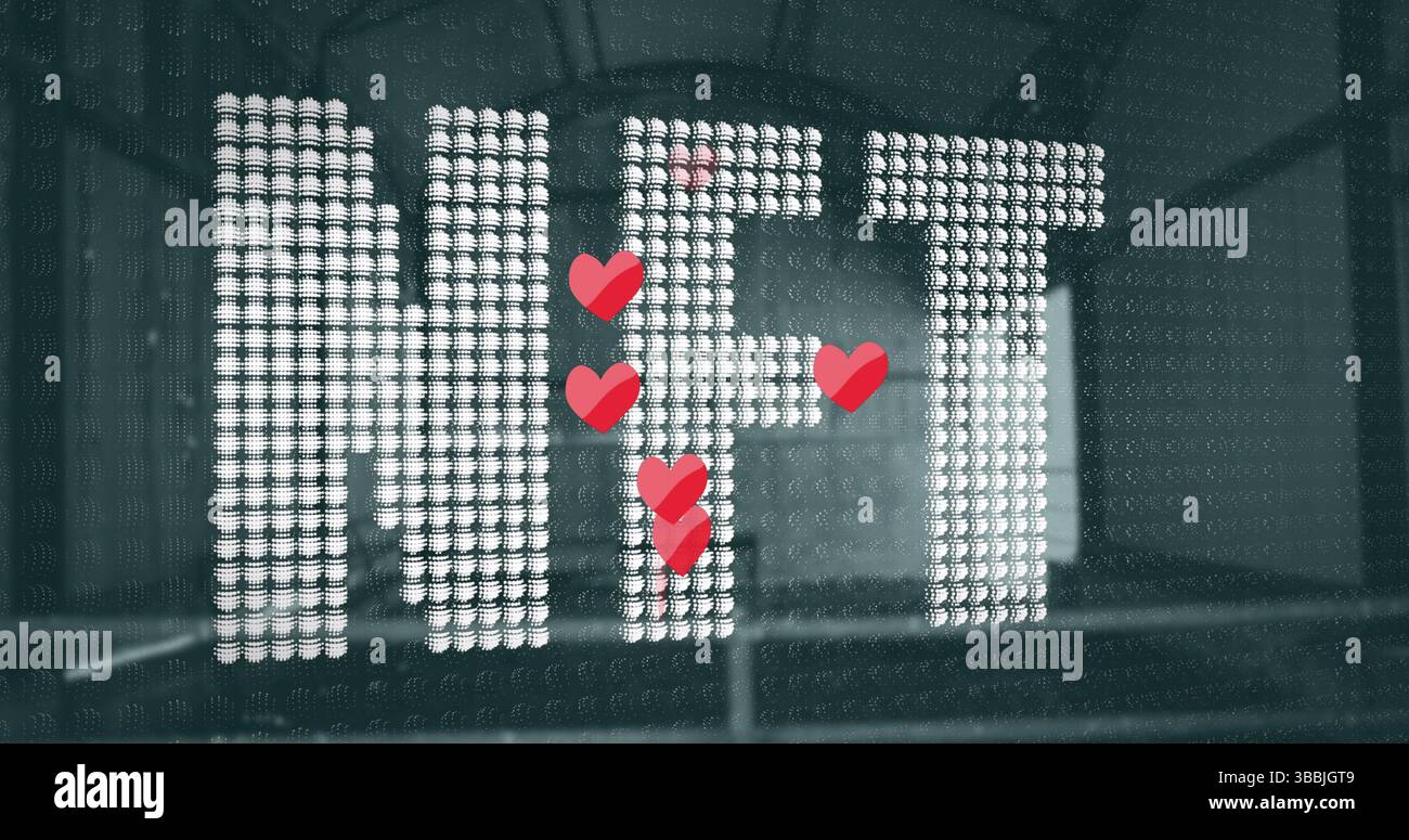 Visualizzazione di un display a LED che forma lettere NFT sopra la ringhiera nella galleria, con icone a forma di cuore rosse fluttuanti Foto Stock