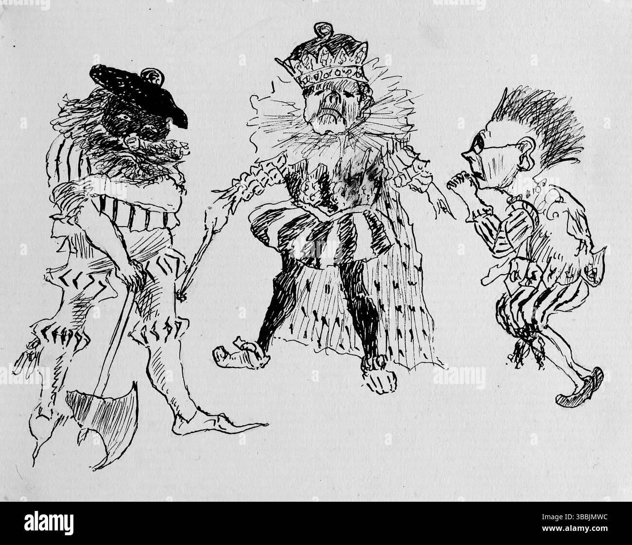 Tre personaggi vestiti con stravaganti costumi. Quella a sinistra sfoggia un cappello piuma, pantaloni a righe e un colletto con volant tenendo in mano un'ascia. La figura centrale indossa una corona e un abito elaborato con un grande colletto con volant. La figura a destra è più piccola, con capelli spietati, occhiali e un costume simile stravagante, tenendo un piccolo oggetto in una mano. L'intero pezzo ha uno stile giocoso ed esagerato, quasi come una caricatura teatrale. Da un album vittoriano ed edoardiano che sembra essere stato compilato da una persona senza nome. Foto Stock