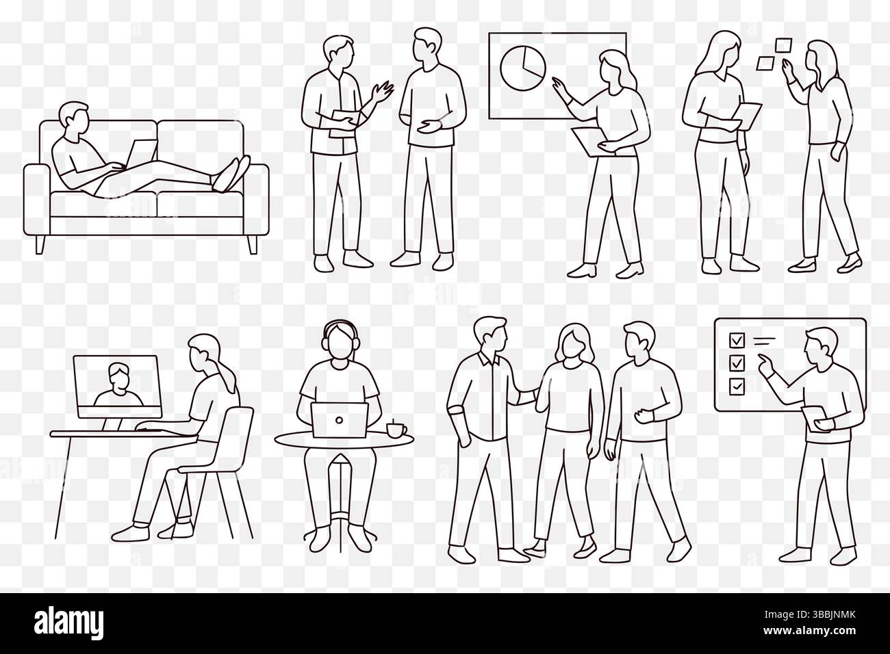 Set minimalista Line Art di lavoro remoto e collaborazione tra team – scenari aziendali e di produttività Illustrazione Vettoriale