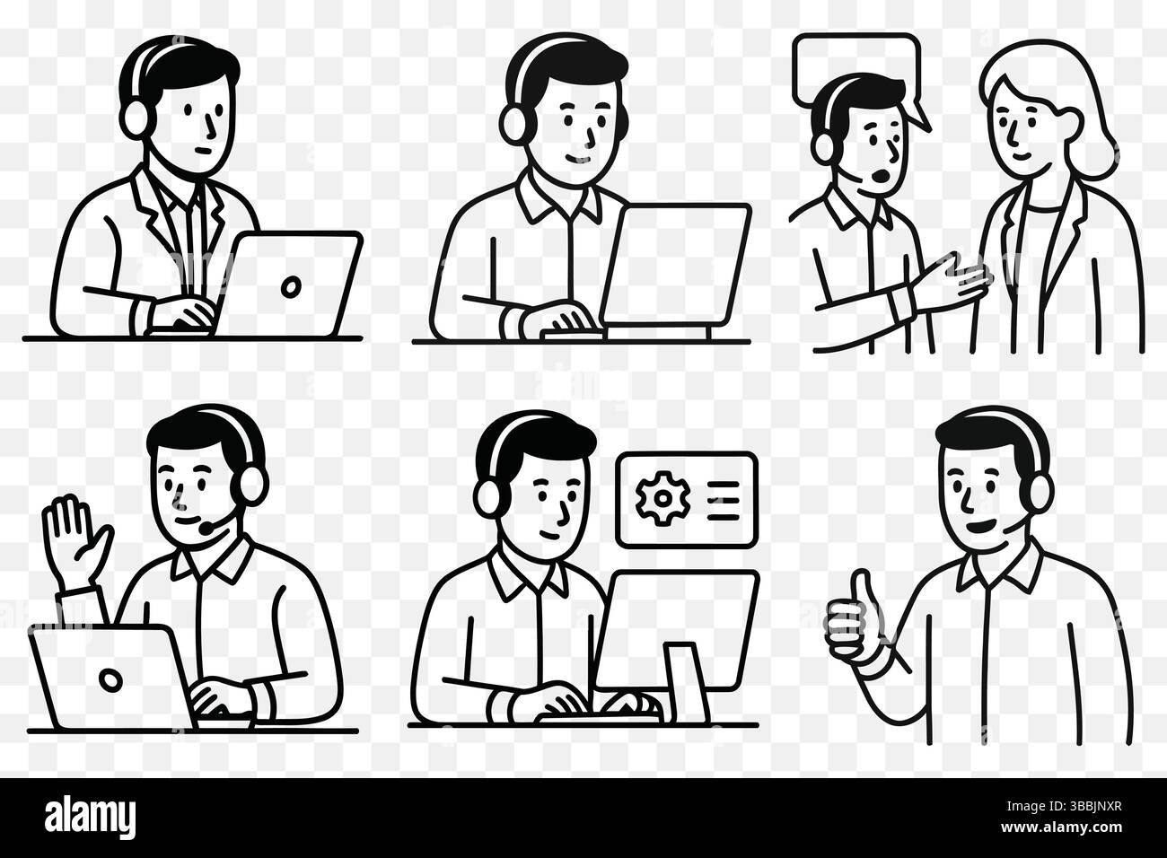 Set di illustrazioni grafiche per l'assistenza clienti e l'agente del call center: Cuffia, chat e guida tecnica Illustrazione Vettoriale