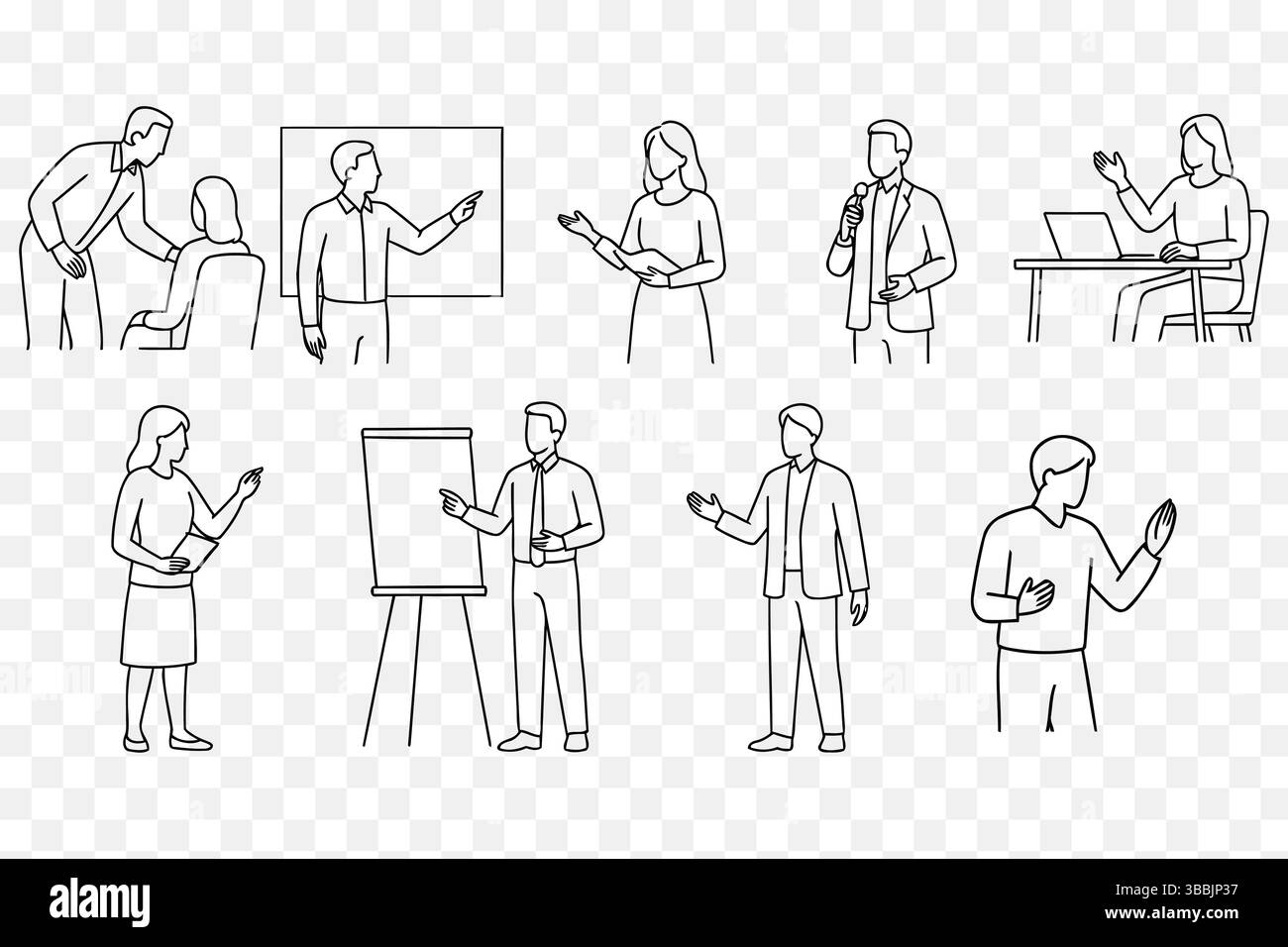 Gruppo minimalista di persone che tengono presentazioni, coaching e interventi – comunicazione aziendale e didattica Illustrazione Vettoriale