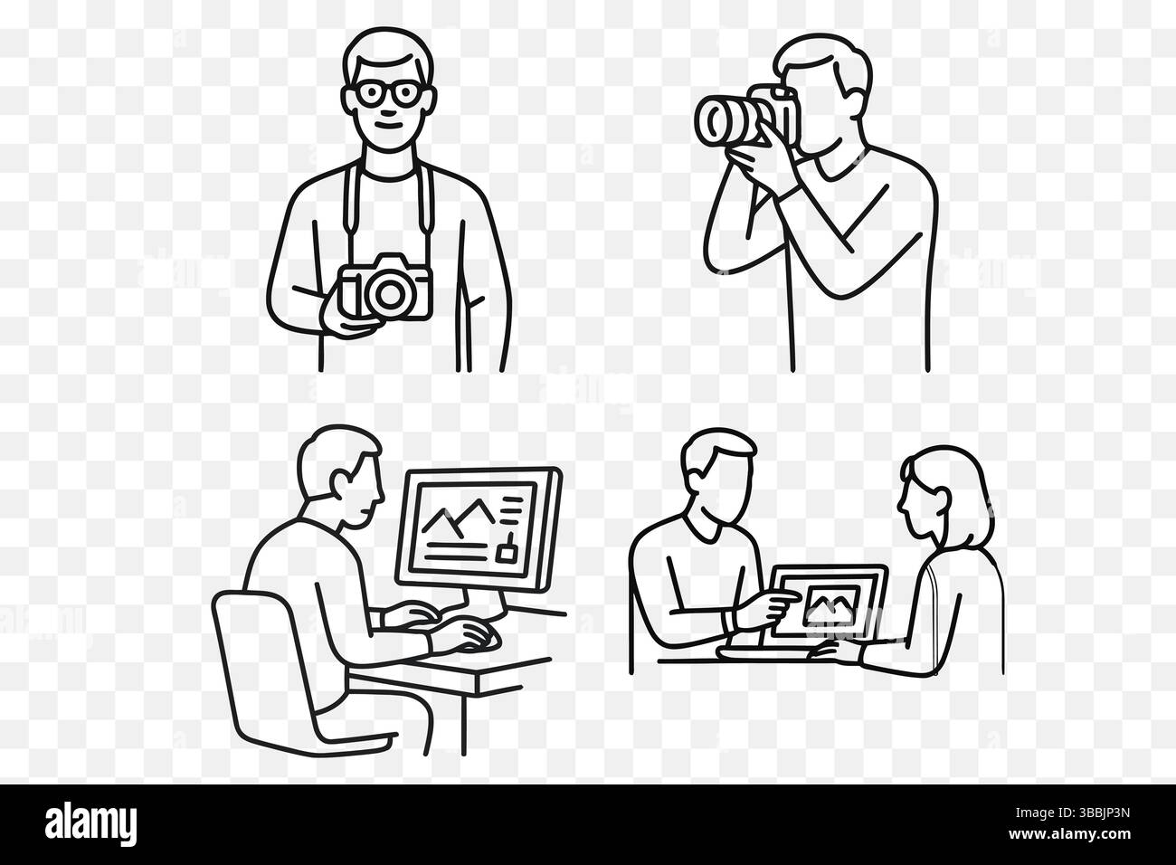 Fotografo e fotoritocco Vector Line Art – fotocamera e flusso di lavoro digitale Illustrazione Vettoriale