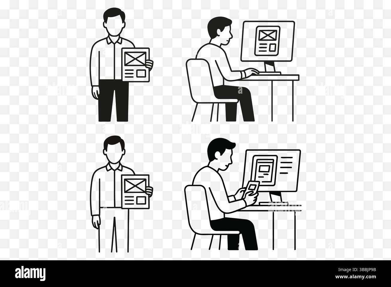 Minimale Line Art dei designer UI/UX che lavorano su wireframe di siti Web e app Illustrazione Vettoriale