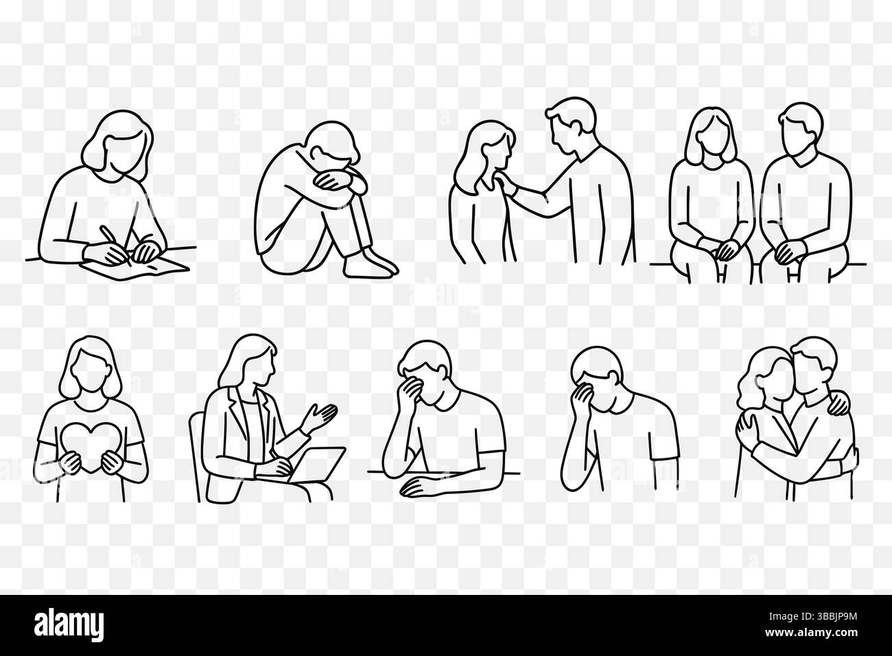 Minimalista Line Art Set di salute mentale, supporto emotivo e terapia – persone espressive in momenti di guarigione Illustrazione Vettoriale