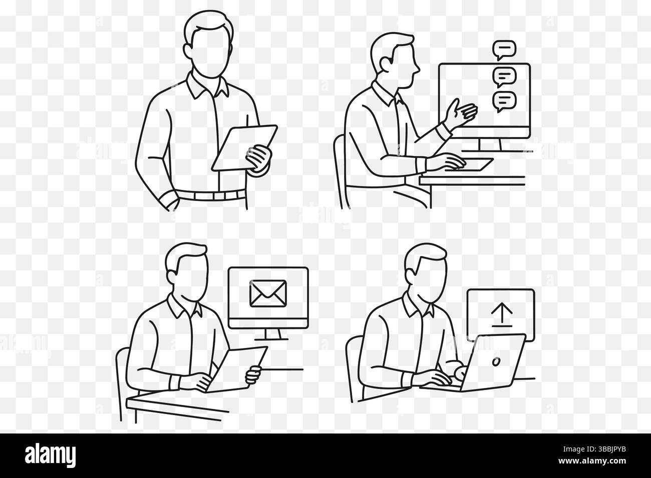 Set Art per linee di comunicazione online e lavoro remoto: Vettori aziendali minimalisti Illustrazione Vettoriale