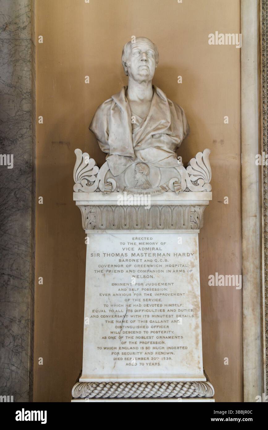 Busto del vice ammiraglio Sir Thomas Masterman Hardy, governatore del Greenwich Hospital, Londra, Inghilterra, Regno Unito Foto Stock