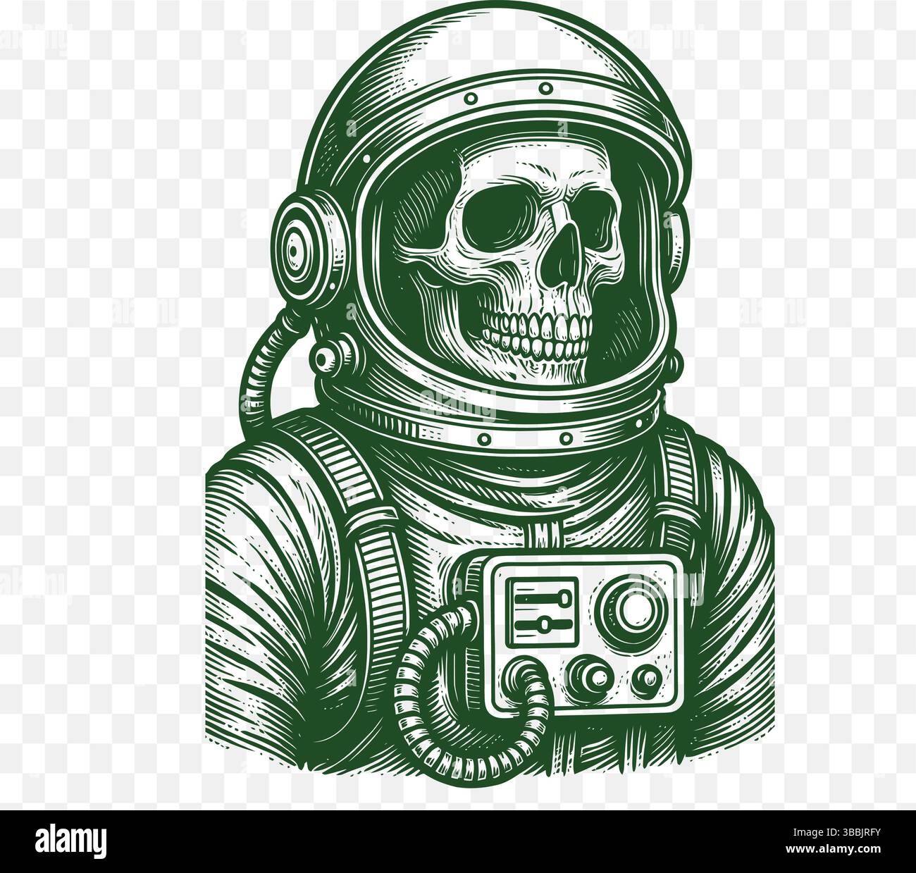 Illustrazione dell'astronauta del cranio d'epoca – retro Sci-Fi Space Art Illustrazione Vettoriale