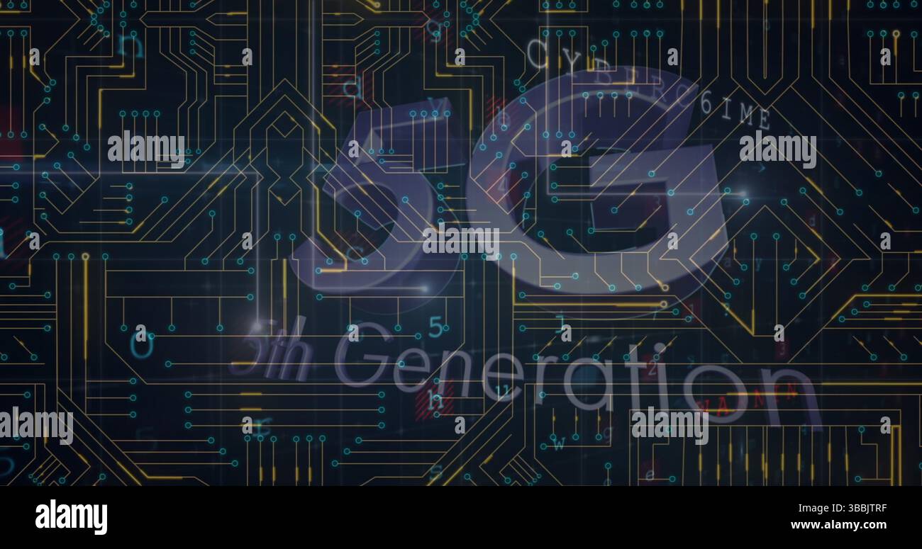 Visualizzazione di testo 5G traslucido con etichetta di quinta generazione su grafica scura con schema del circuito stampato Foto Stock