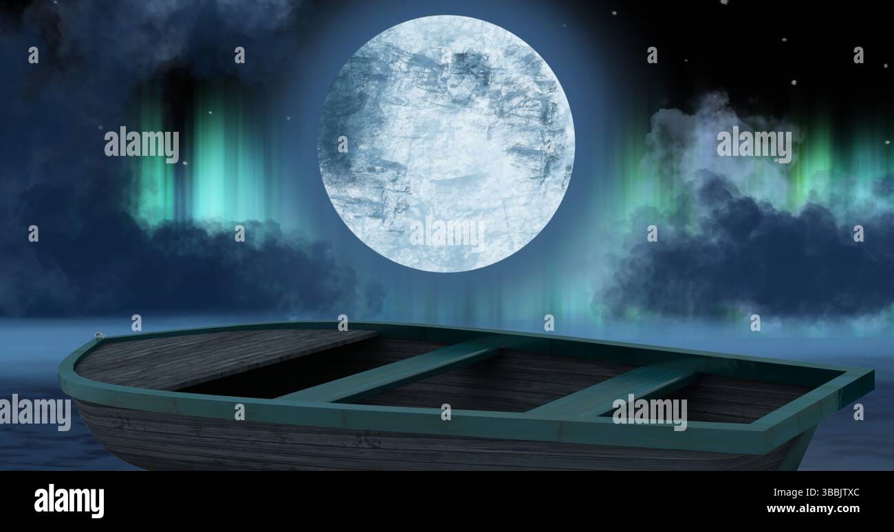 Immagine della luna piena e dell'aurora boreale sul cielo sopra la barca Foto Stock