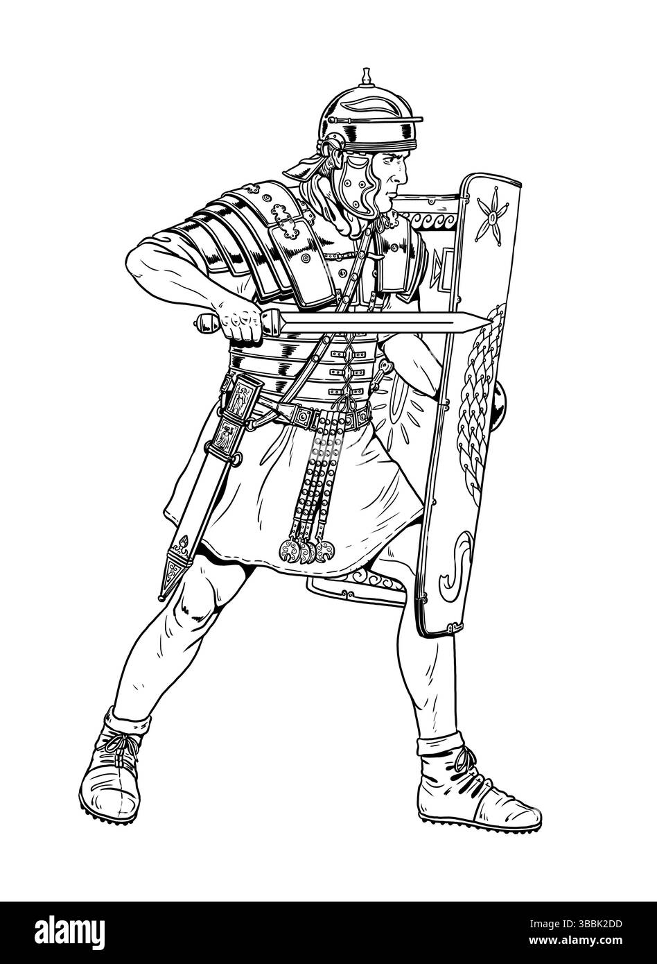 Legionario romano che attacca con i gladius. Disegno storico. Foto Stock