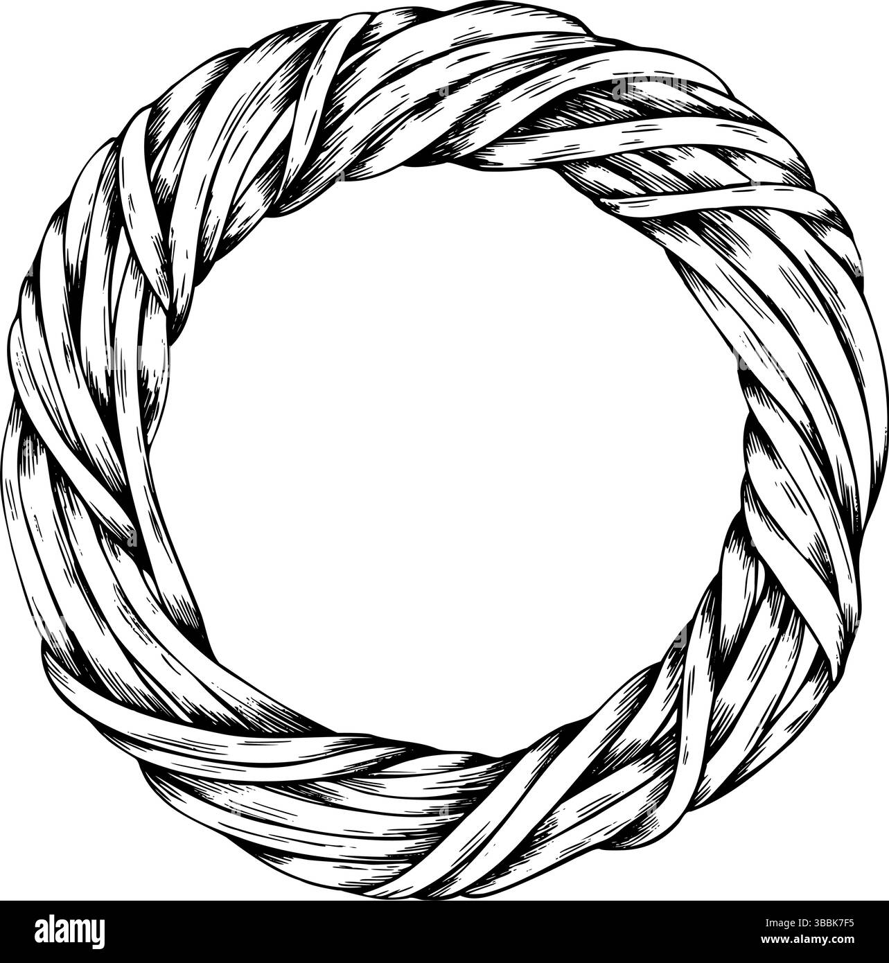 Corona rotonda di rami di vite ritorti, base per bouquet e cornici floreali. Grafica grafica disegnata a mano con illustrazione in bianco e nero a inchiostro Illustrazione Vettoriale