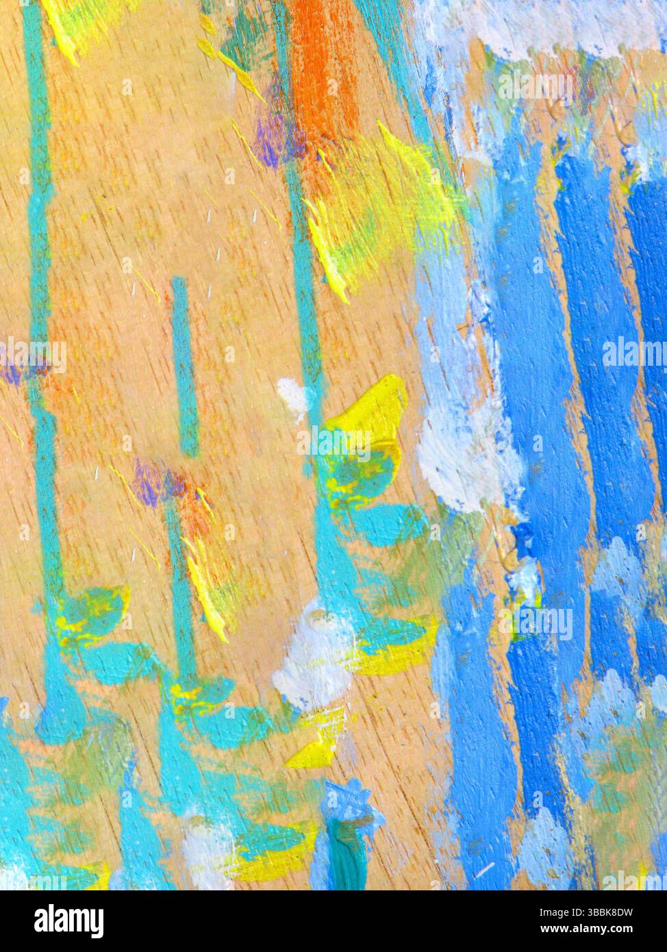 Primo piano di pittura astratta su legno con tratti di blu, giallo, verde e arancione vivaci, che evidenziano l'espressione artistica, texture e creativi Foto Stock