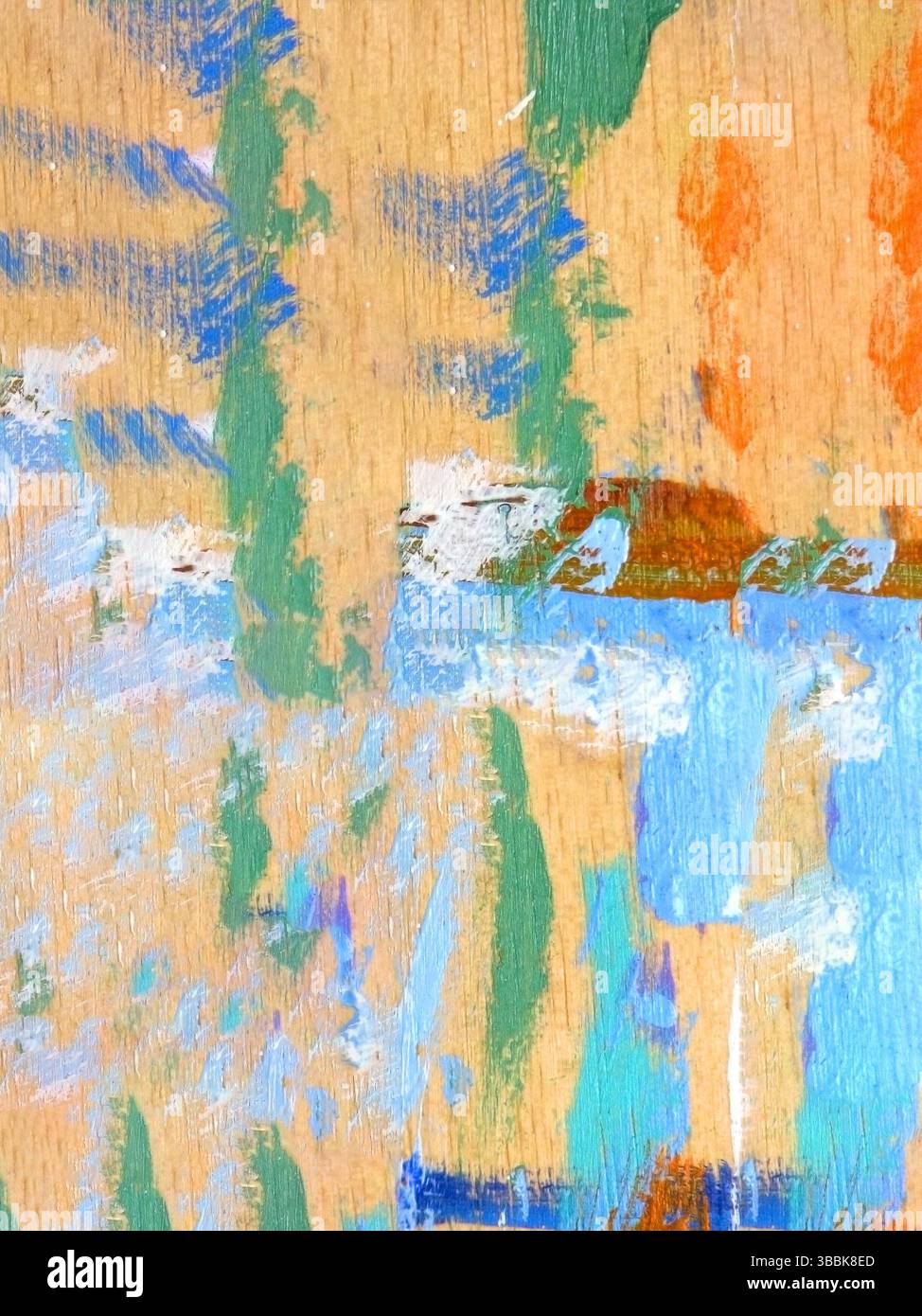 Primo piano di pittura astratta su legno con tratti di blu, giallo, verde e arancione vivaci, che evidenziano l'espressione artistica, texture e creativi Foto Stock