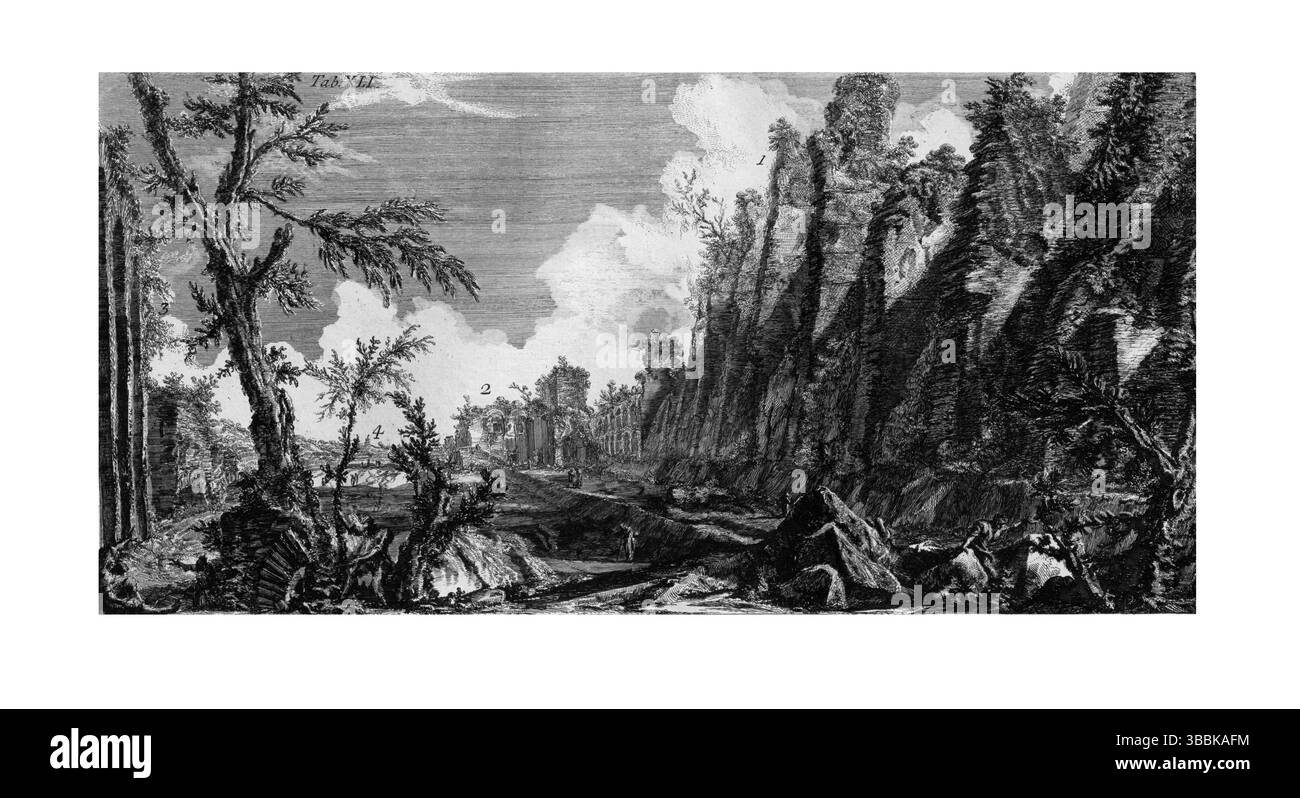 L'incisione di Piranesi sulle fondamenta e i contrafforti della città romana pre-aureliana, evidenziando antichi resti architettonici e l'ingegneria dei primi anni Foto Stock