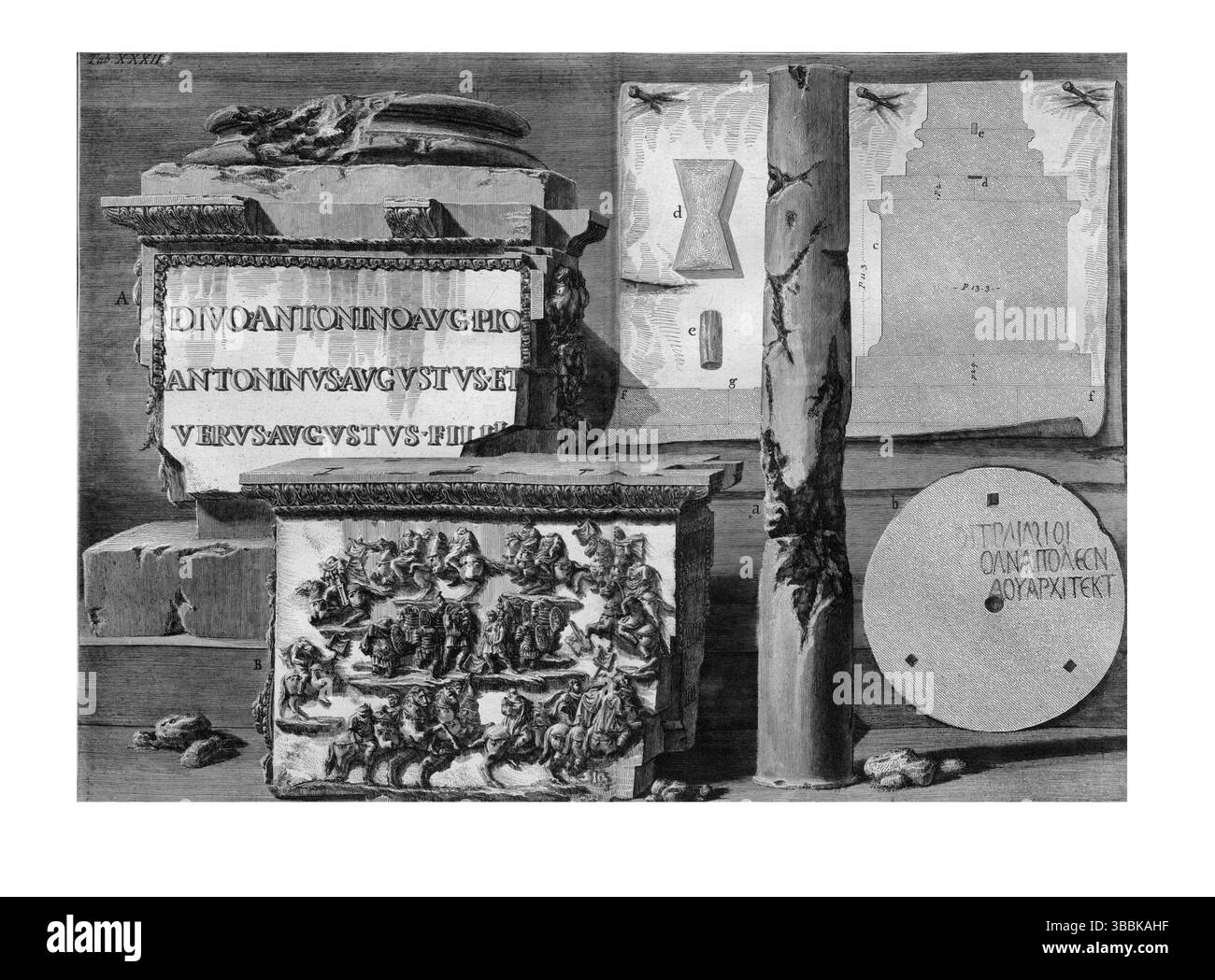 1762 incisione Piranesi che mostra la vista posteriore della Figura C, elemento architettonico classico dettagliato o scultoreo dell'antico studio romano, parte di Roma Foto Stock