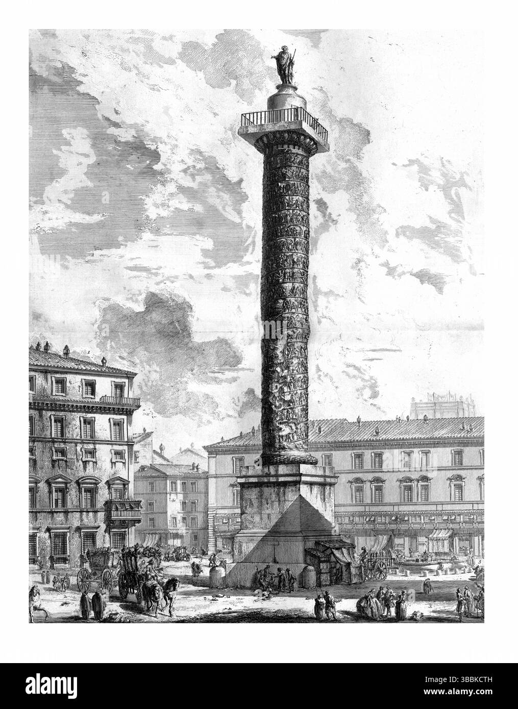 1762 incisione della colonna di Marco Aurelio, che mostra intricati rilievi a spirale che commemorano le vittorie militari romane, situata a Campus Marzio, Roma. Foto Stock