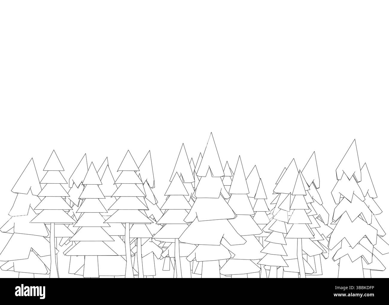 Una foresta di alberi è disegnata in bianco e nero. Gli alberi sono di dimensioni diverse e sono sparsi in tutta l'immagine. La scena è tranquilla e serena, Illustrazione Vettoriale