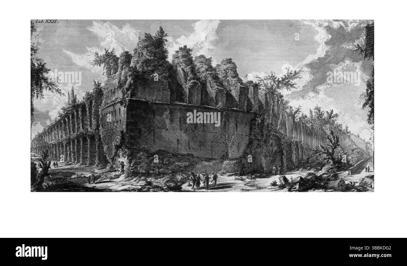 1762 incisione Piranesi del Bustum di Cesare Augusto a Roma, raffigurante le rovine del sito di cremazione imperiale vicino al Mausoleo sul Campus Mart Foto Stock