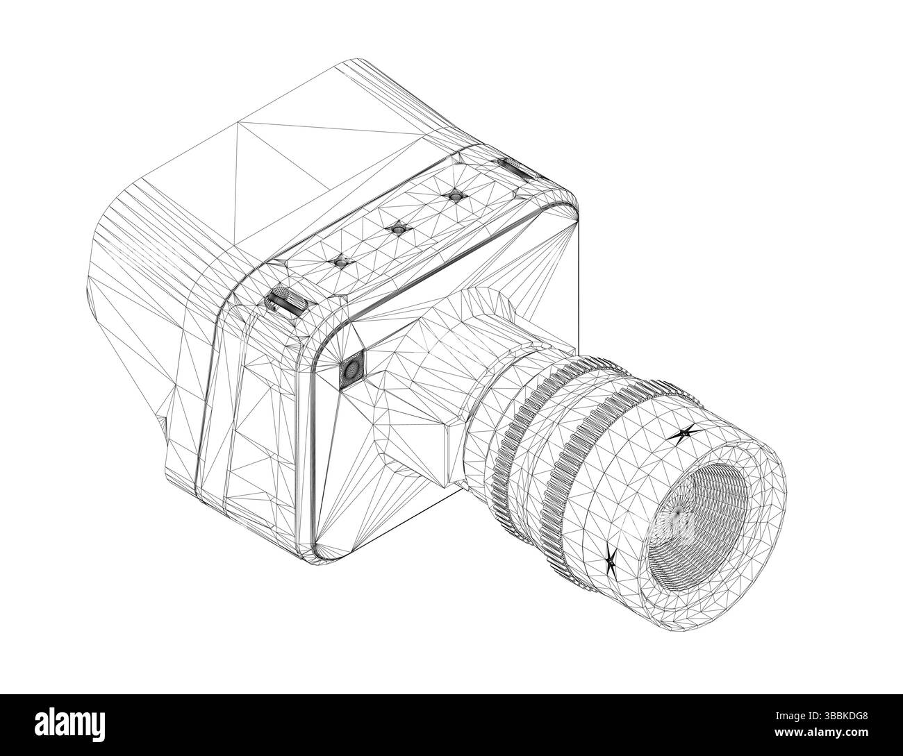 Una videocamera viene visualizzata in un disegno con uno schema di colori in bianco e nero. La fotocamera è un piccolo dispositivo con una forma quadrata e un obiettivo. Il disegno è di un p Illustrazione Vettoriale