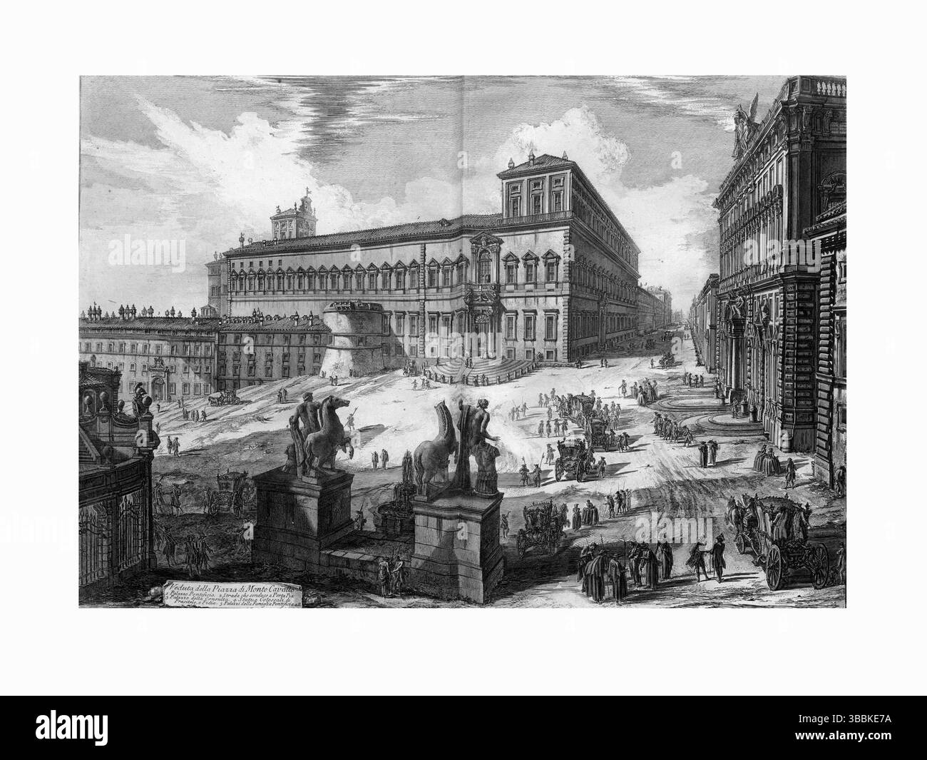 Dettagliata incisione settecentesca di Piazza di Monte Cavallo a Roma, con iconiche statue equestri, architettura barocca e storica città di desi Foto Stock