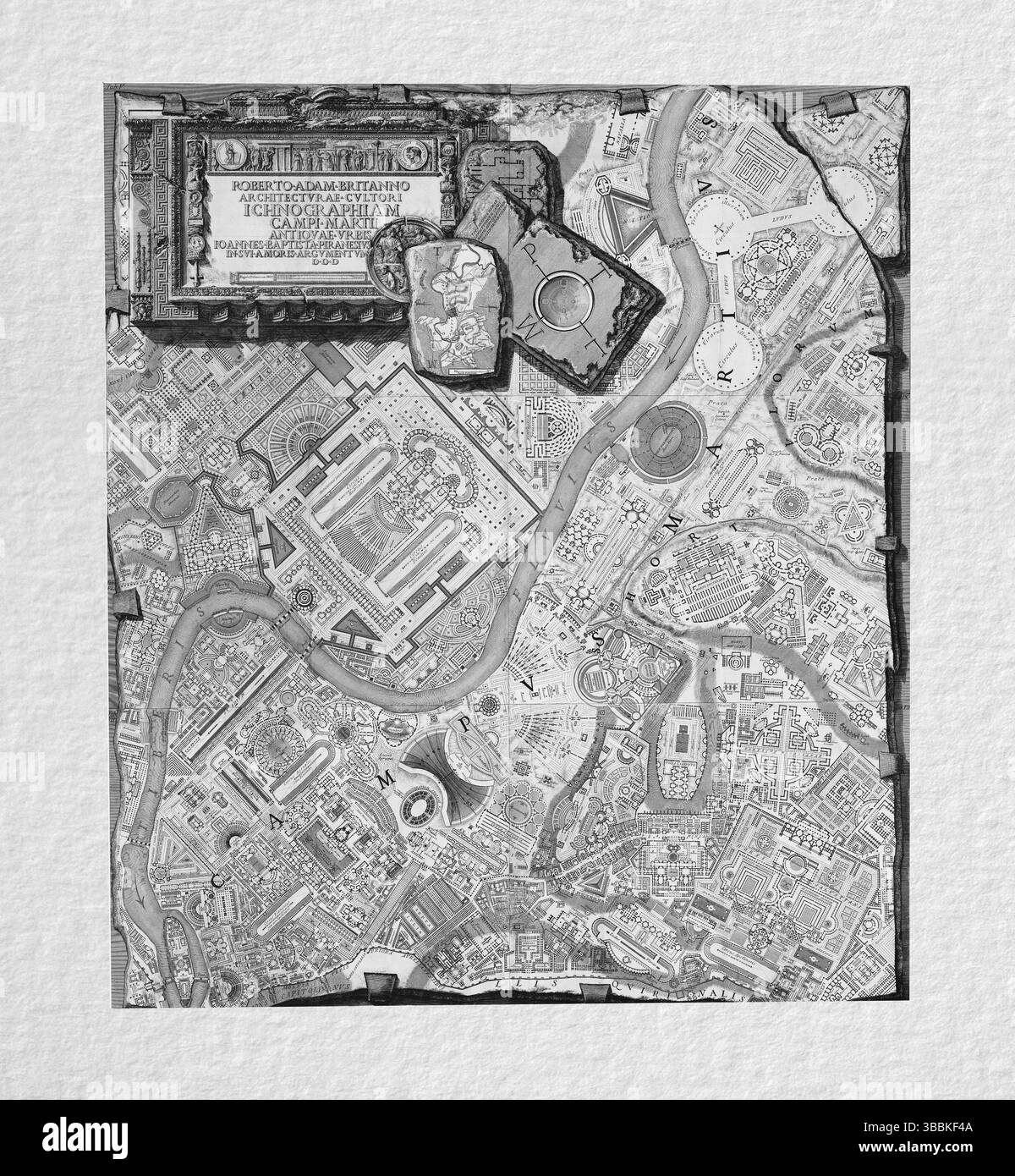 Scansione ad alta risoluzione dei campi Marti Ichnographiam di Piranesi del 1762, mappa architettonica che immagina campo Marzio dell'antica Roma con templi, bagni e m Foto Stock