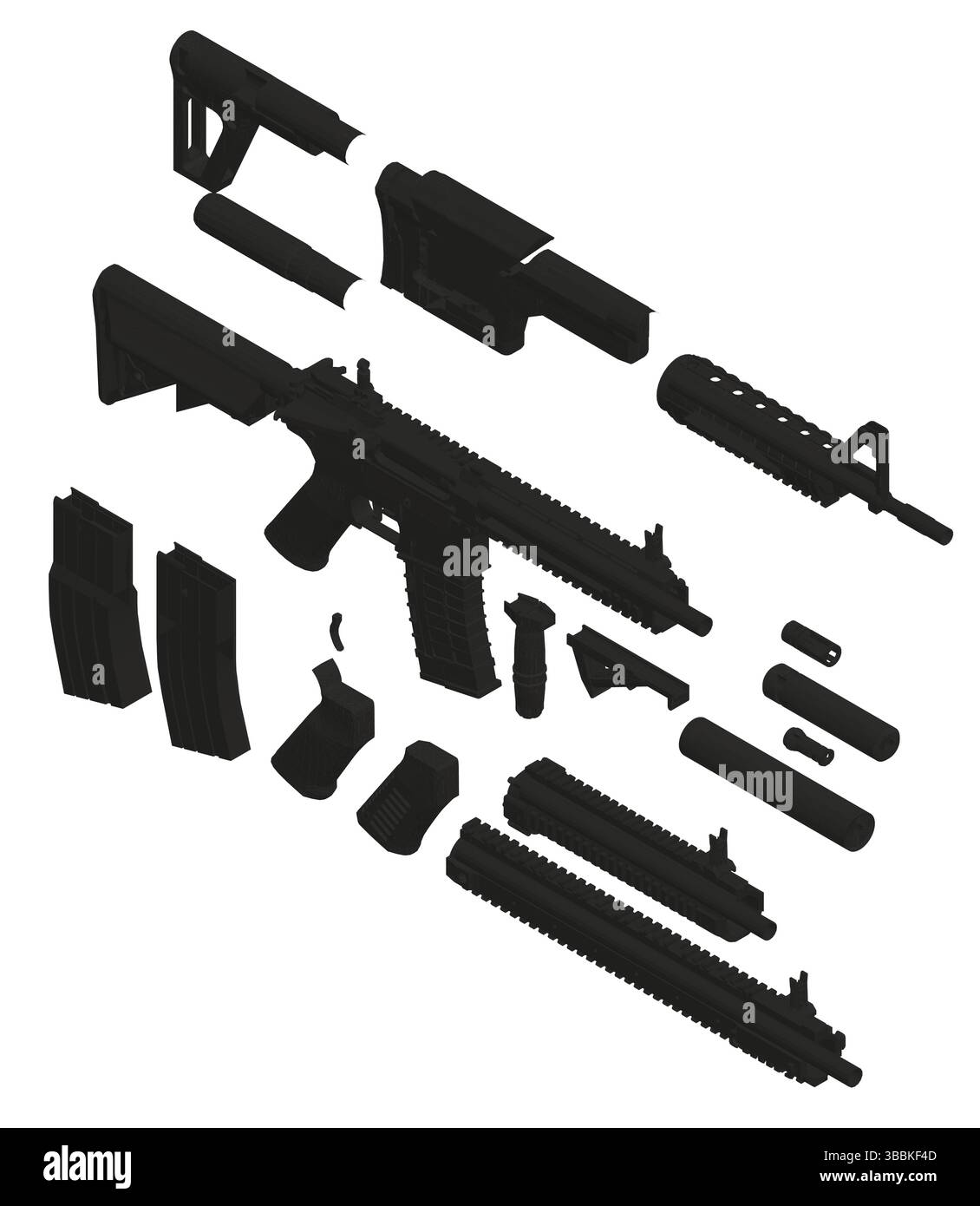 Primo piano di una pistola con la canna e il brodo rimossi. La pistola è un fucile con un caricatore e una busta. L'immagine è un primo piano della pistola e. Illustrazione Vettoriale