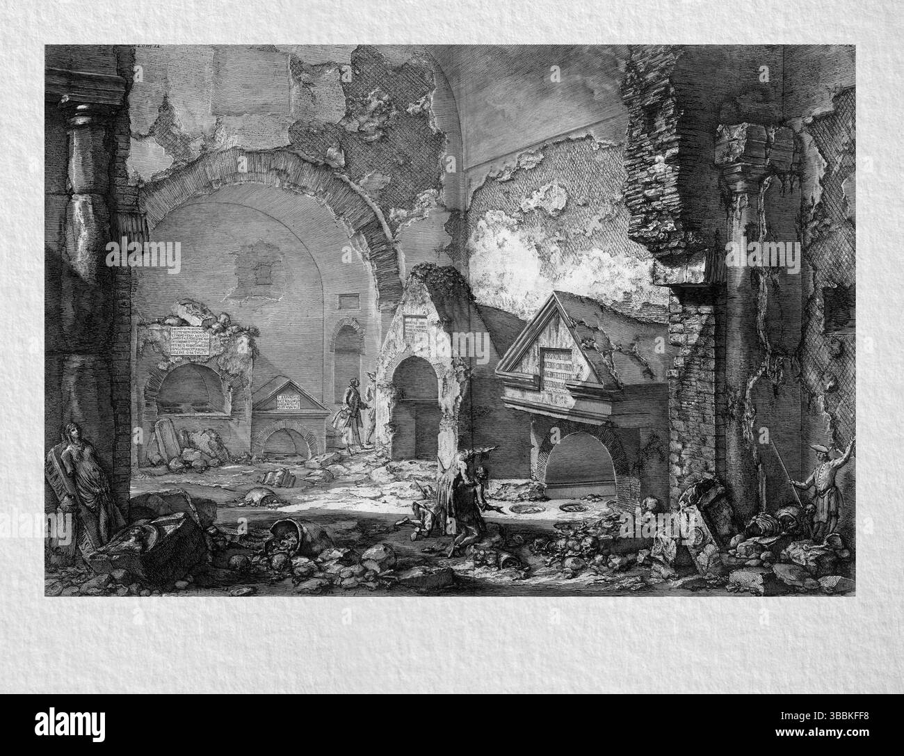 Dettagliata incisione del XVIII secolo che mostra l'ingresso alla camera tombale di L. Arruntius, evidenziando il design funerario romano e l'elemento architettonico Foto Stock