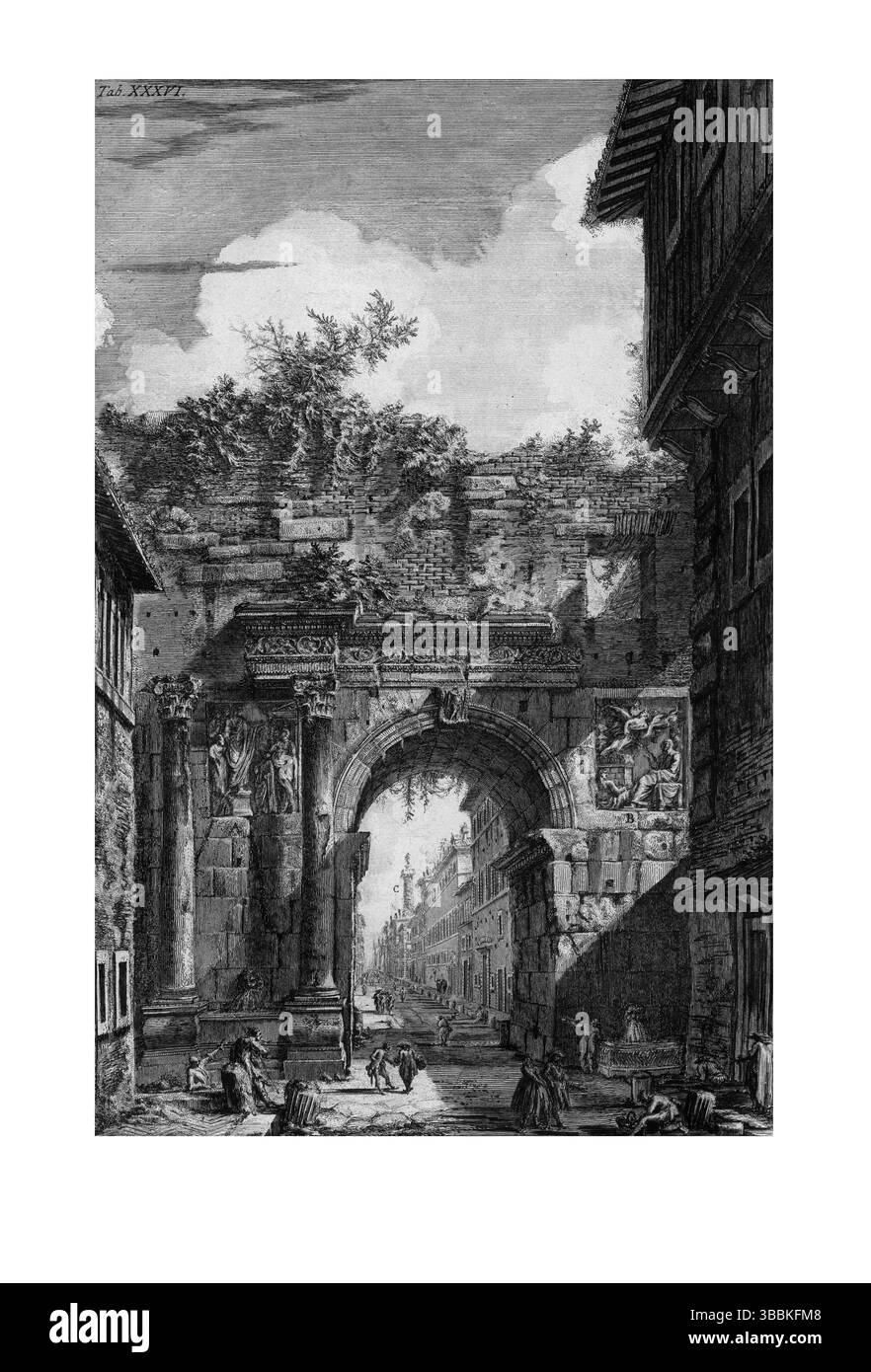 1762 incisione Piranesi raffigurante l'Arco di Marco Aurelio, un monumento trionfale che celebra le vittorie dell'imperatore romano, situato nel campo Marzio, Foto Stock