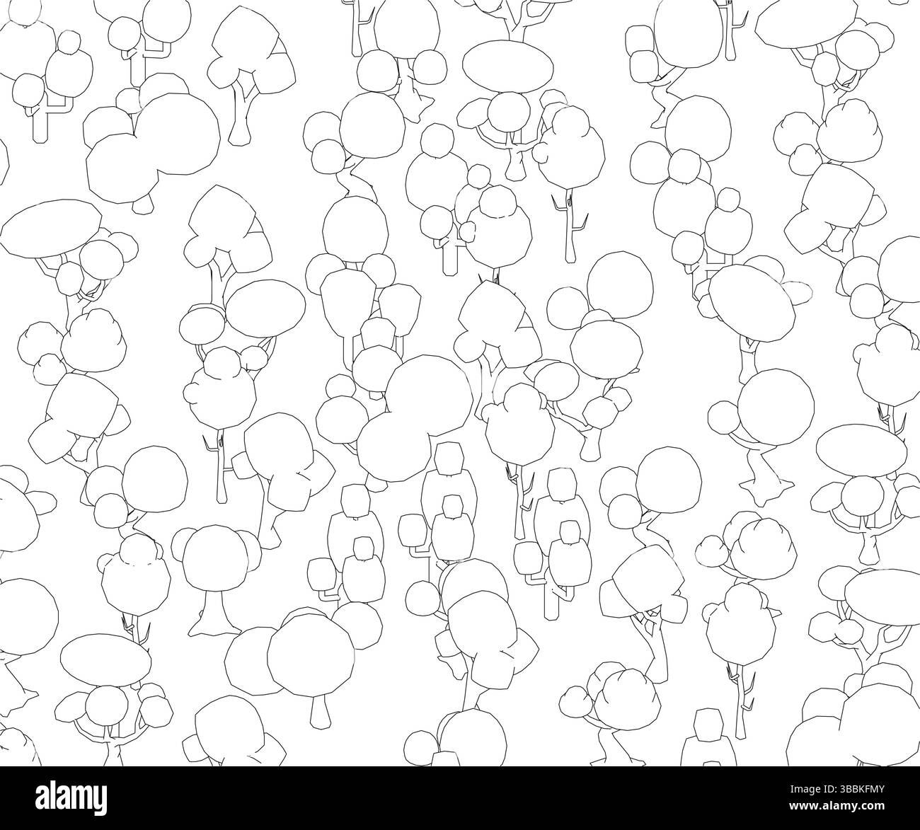 Un disegno in bianco e nero di alberi con cerchi. I cerchi sono di dimensioni variabili e sono sparsi in tutta l'immagine Illustrazione Vettoriale