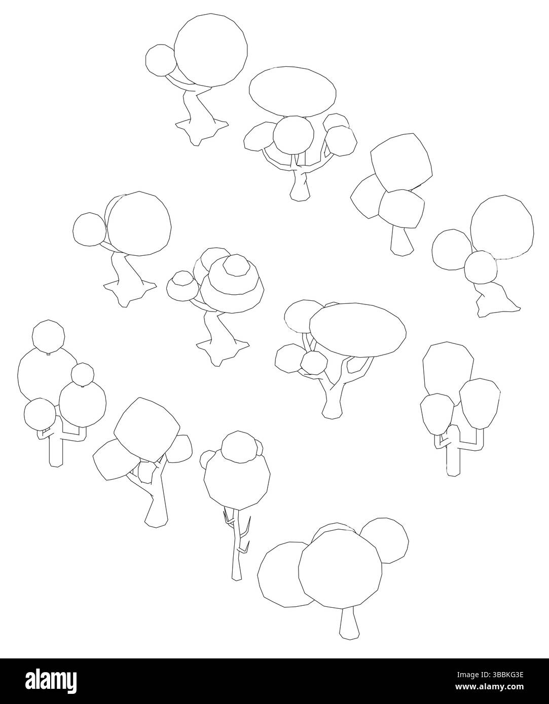 Un disegno di alberi a basso profilo. Gli alberi sono disegnati in diverse dimensioni e posizioni e le bollature sono sparse in tutto il disegno. Cen Illustrazione Vettoriale