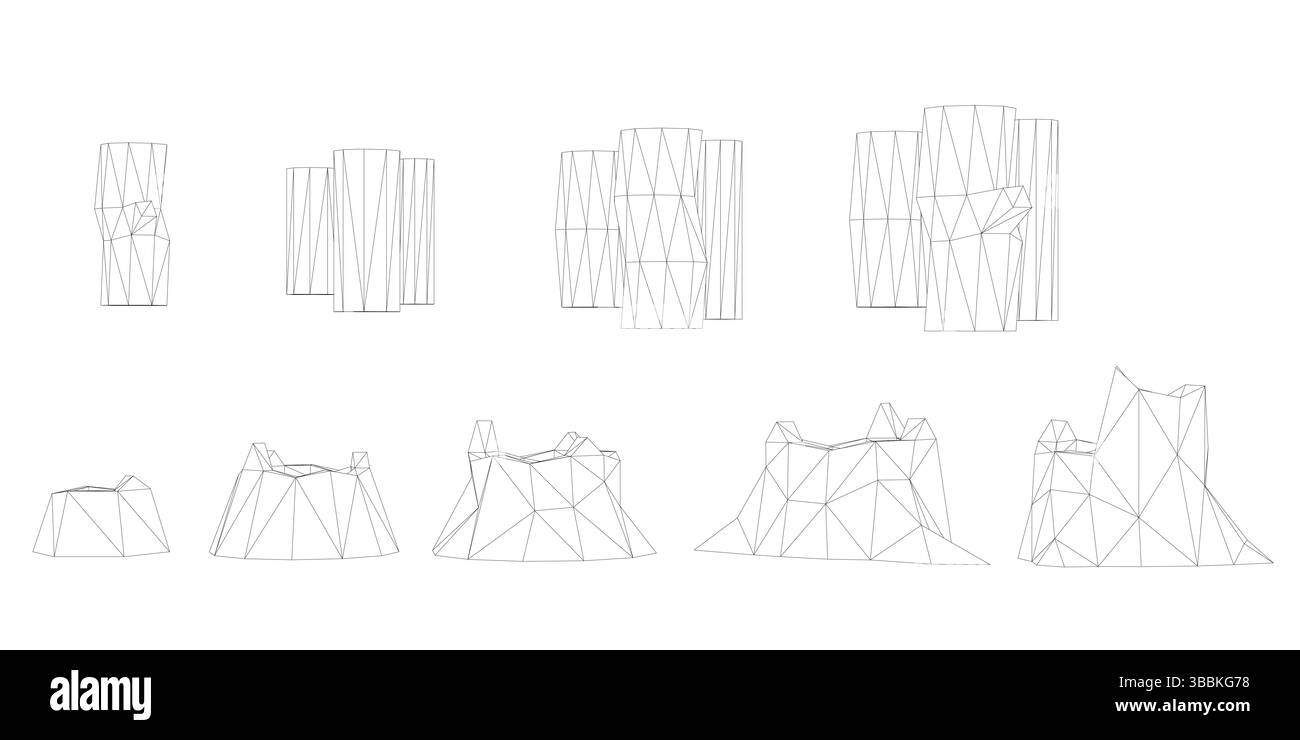 Una serie di tronchi di legno, ognuno di dimensioni e forma variabili. I registri sono disposti in fila, con alcuni più grandi e altri più piccoli. La scena è rustica Illustrazione Vettoriale