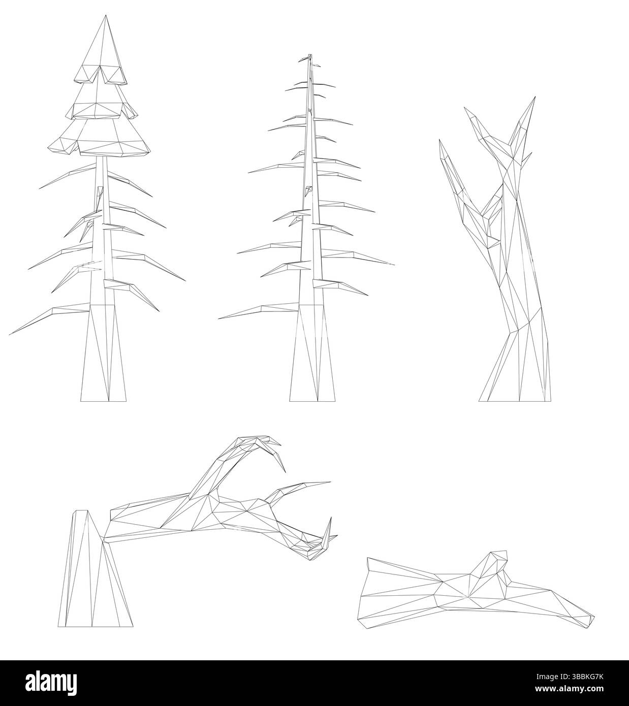 Una serie di disegni di alberi con forme e dimensioni diverse. Gli alberi sono tutti disegnati in bianco e nero, e sono disposti in fila. La scena è così Illustrazione Vettoriale