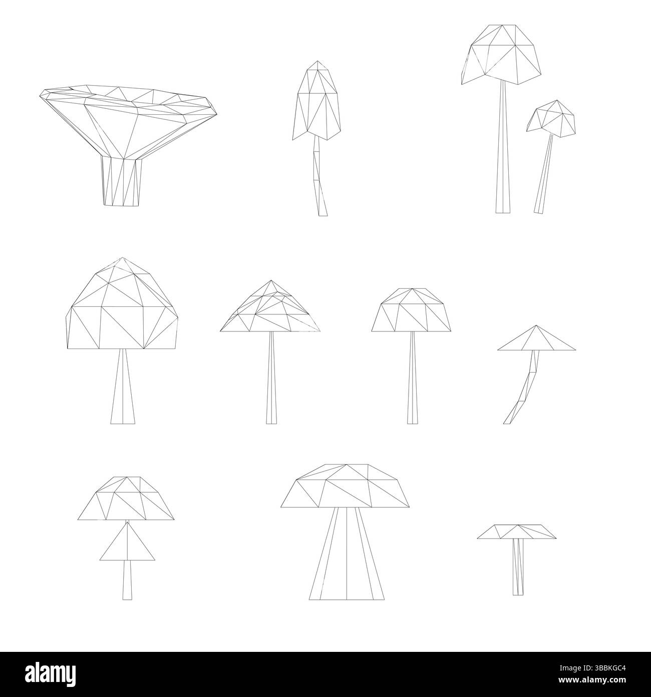 Una serie di disegni di funghi. I funghi hanno forme e dimensioni diverse. La scena è stravagante e giocosa Illustrazione Vettoriale