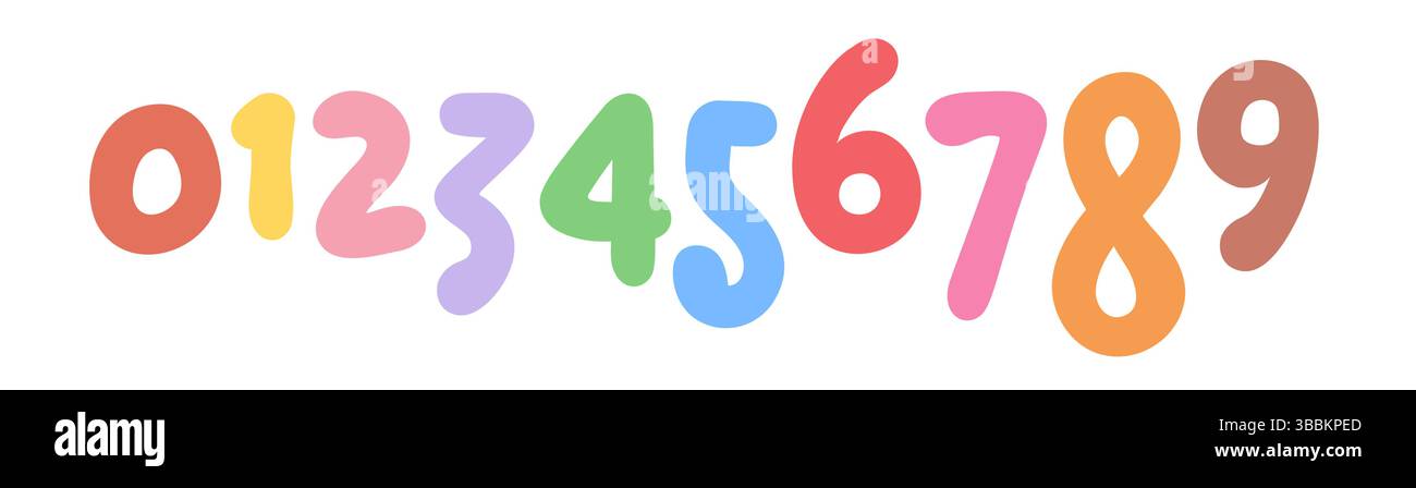 Simpatici numeri di cartone animato colorati per bambini, caratteri arrotondati grassetto perfetti per l'apprendimento, l'istruzione, poster o giochi. Set di font divertenti e luminosi. Estate Illustrazione Vettoriale